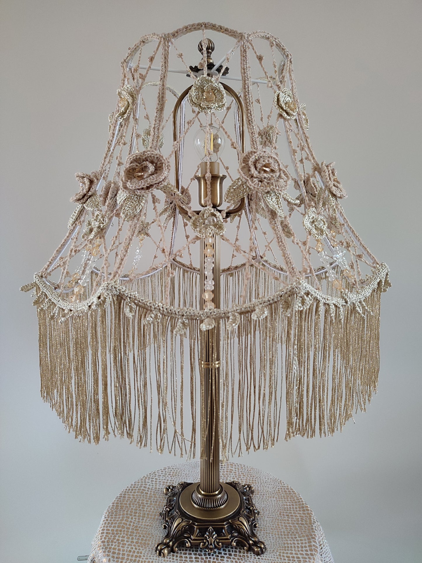 Lampshade, Chic macrame lampshade with beads, floral accents and fringe. 2004