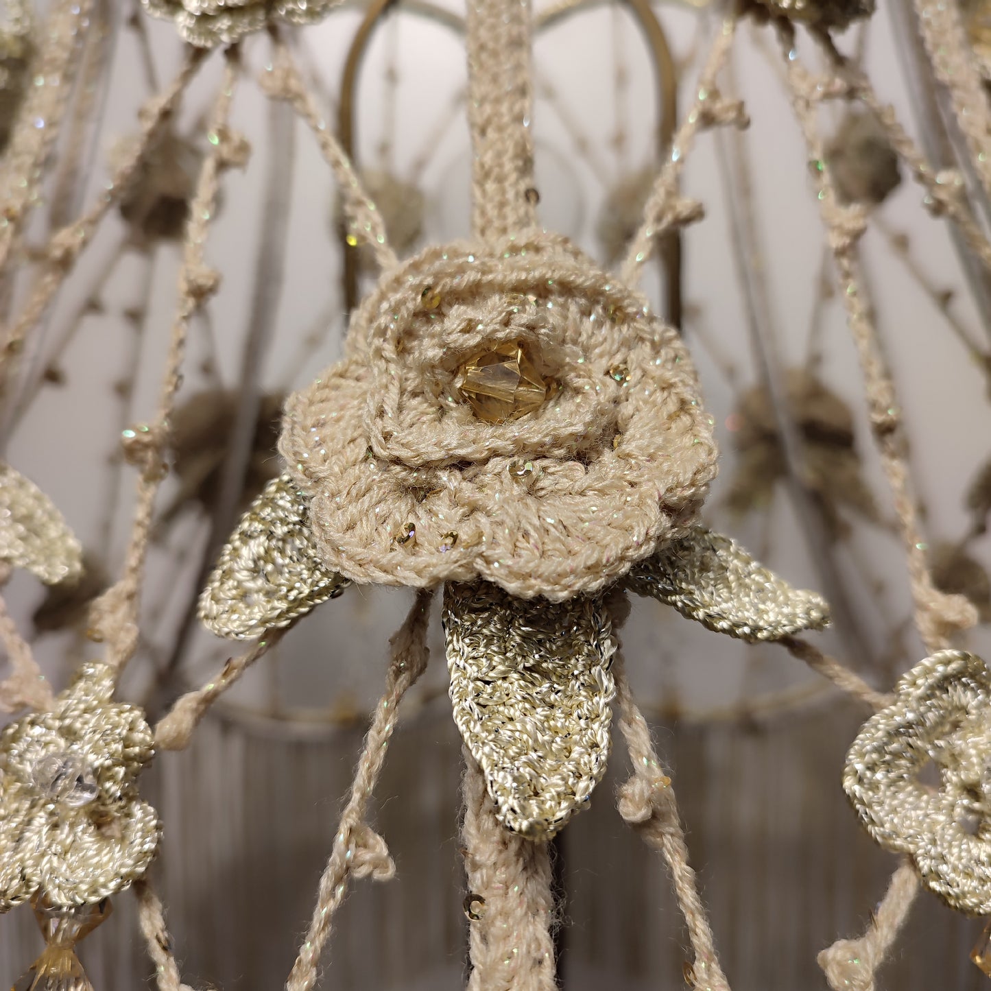 Lampshade, Chic macrame lampshade with beads, floral accents and fringe. 2004