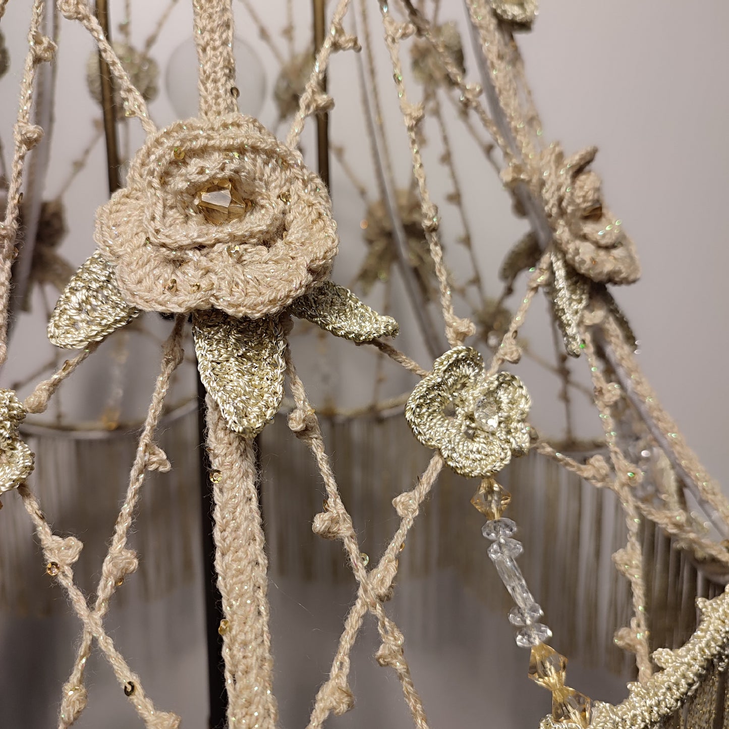 Lampshade, Chic macrame lampshade with beads, floral accents and fringe. 2004