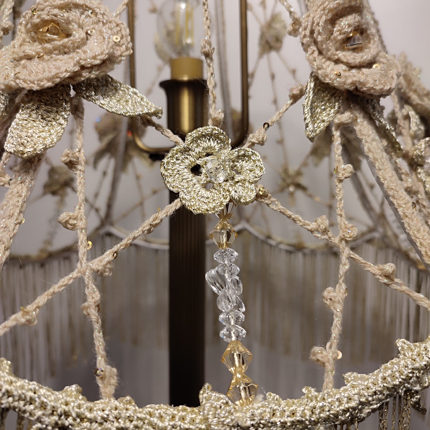 Lampshade, Chic macrame lampshade with beads, floral accents and fringe. 2004