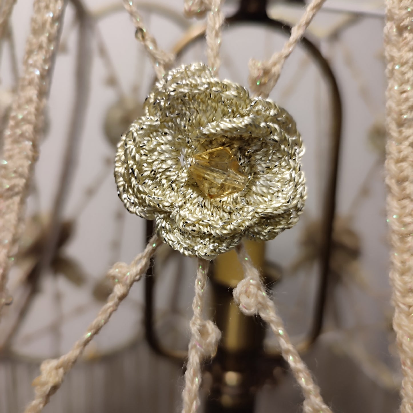 Lampshade, Chic macrame lampshade with beads, floral accents and fringe. 2004