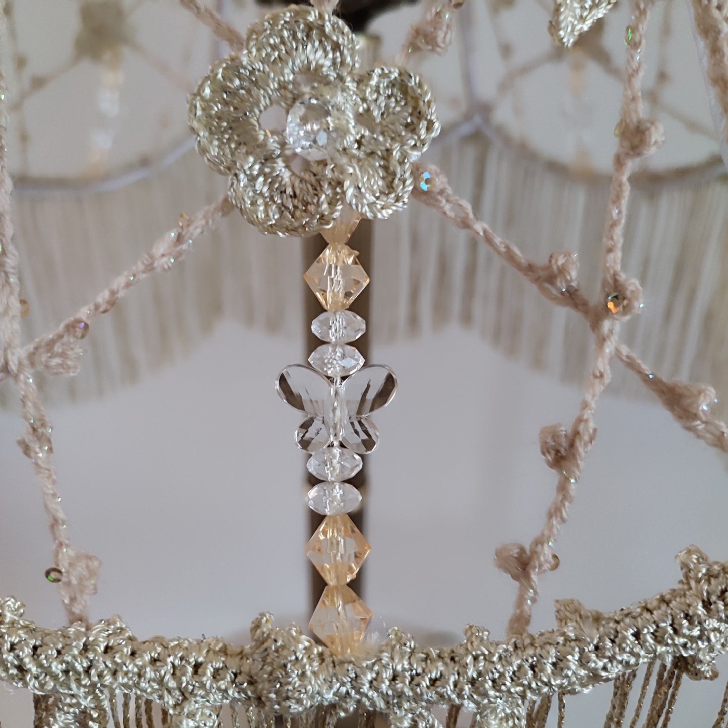 Lampshade, Chic macrame lampshade with beads, floral accents and fringe. 2004