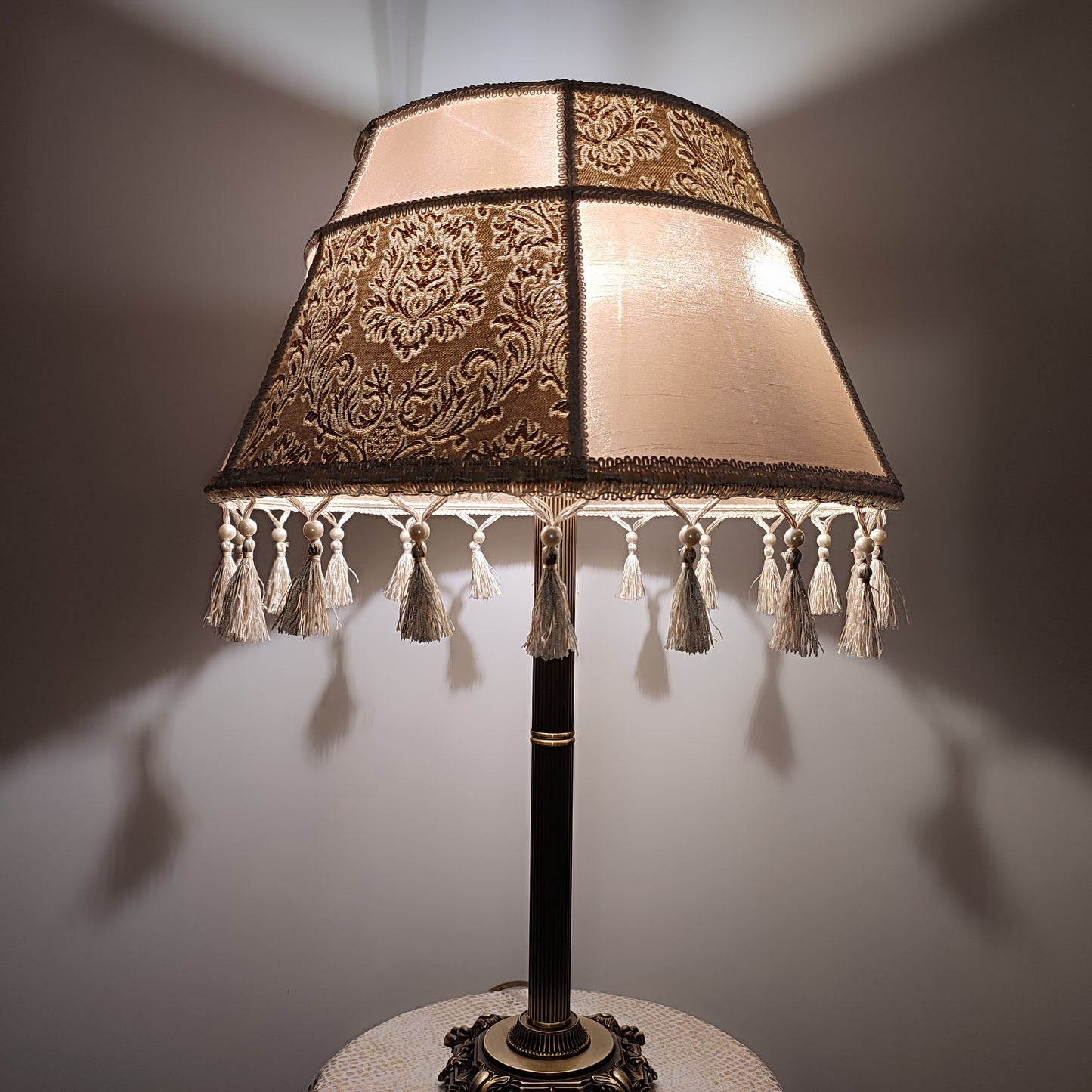 Table lamp, art deco lamp, antique lamp, bronze base with fabric shade, handmade home lamp. 7903
