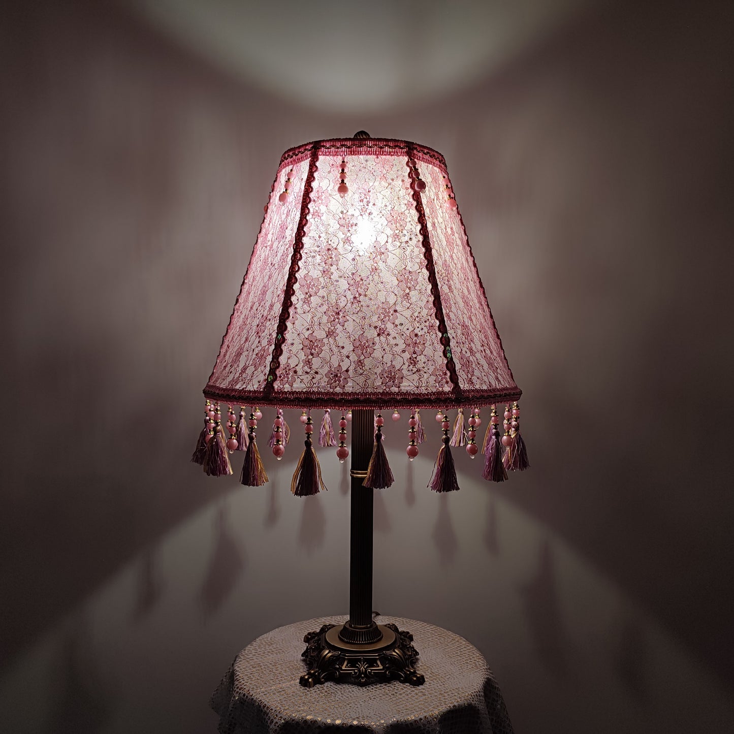 Pink guipure lampshade with rhinestones - a chic accessory for a handmade table lamp. 0504