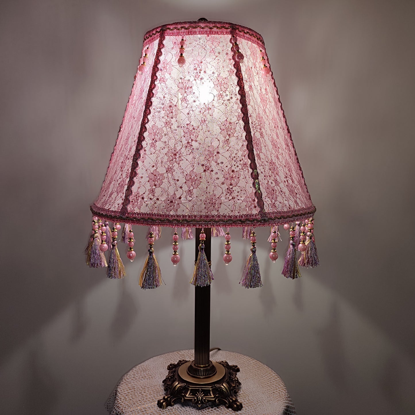 Pink guipure lampshade with rhinestones - a chic accessory for a handmade table lamp. 0504