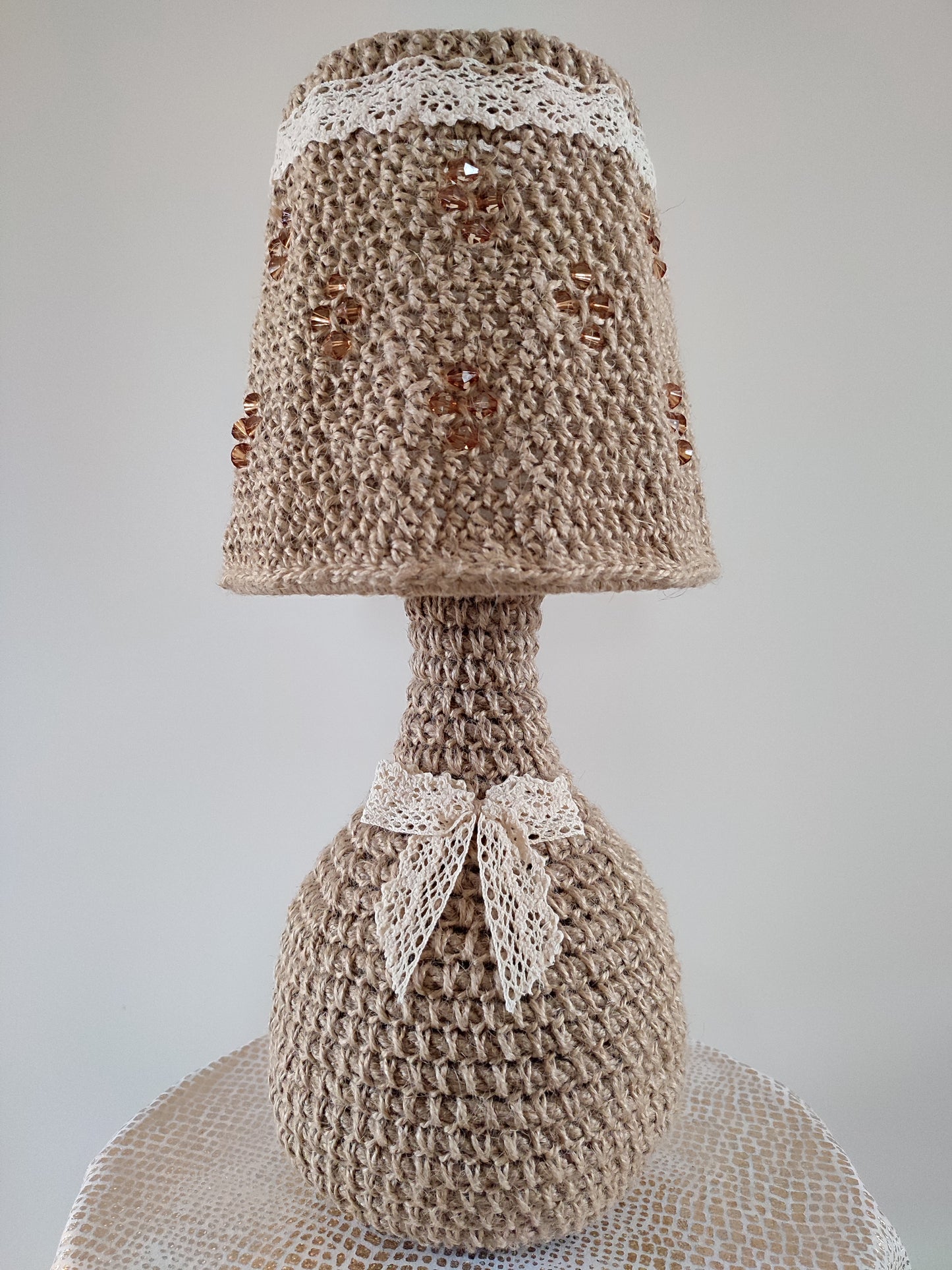 Crochet table lamp with lace accents and amber beads. PRODUCT TO ORDER. 4301