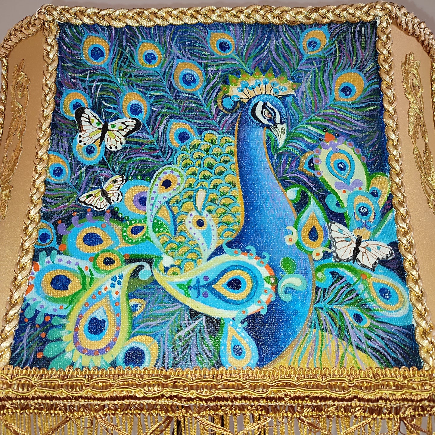Peacock majesty: a handmade Victorian floor lamp with artistic painting and brass base. 5310
