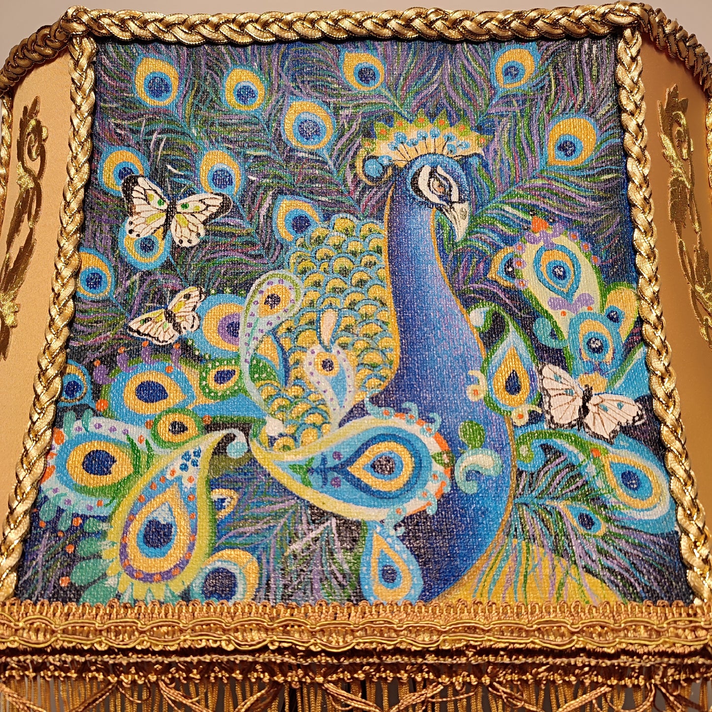 Peacock majesty: a handmade Victorian floor lamp with artistic painting and brass base. 5310