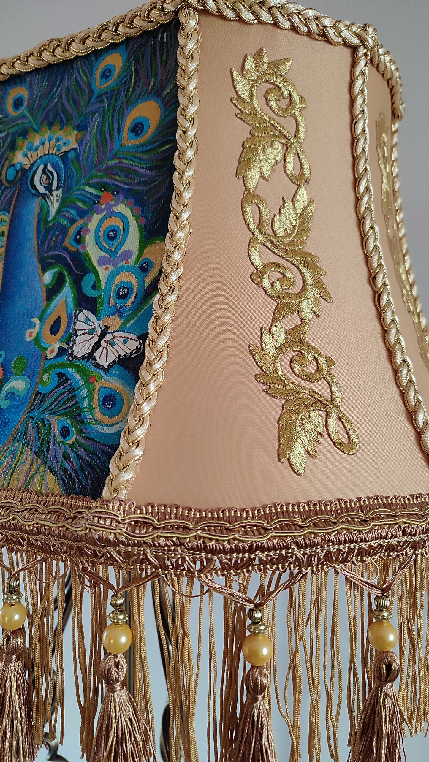 Peacock majesty: a handmade Victorian floor lamp with artistic painting and brass base. 5310