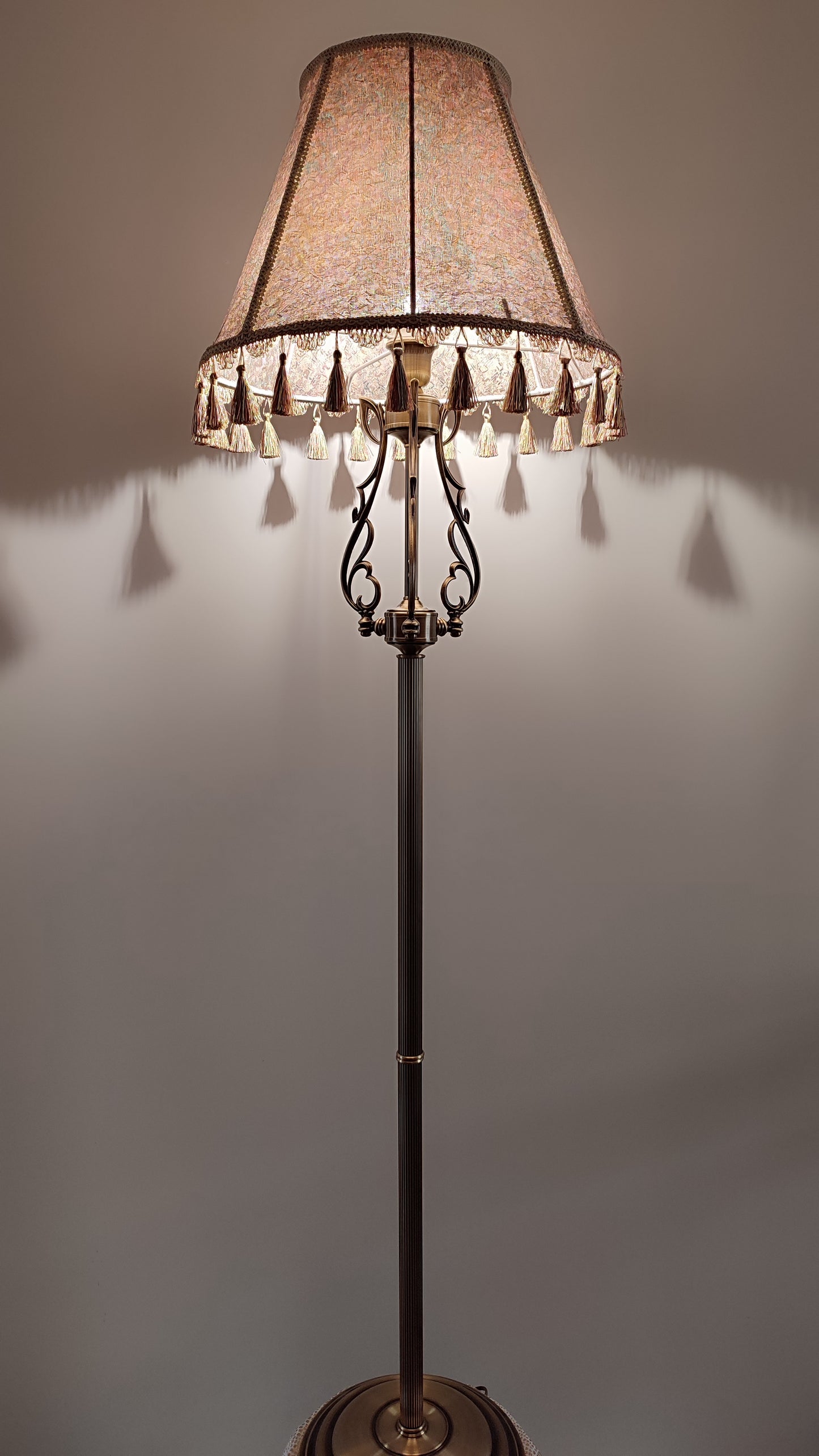 Lampshade, fabric lampshade with fringe and tassels. 7103