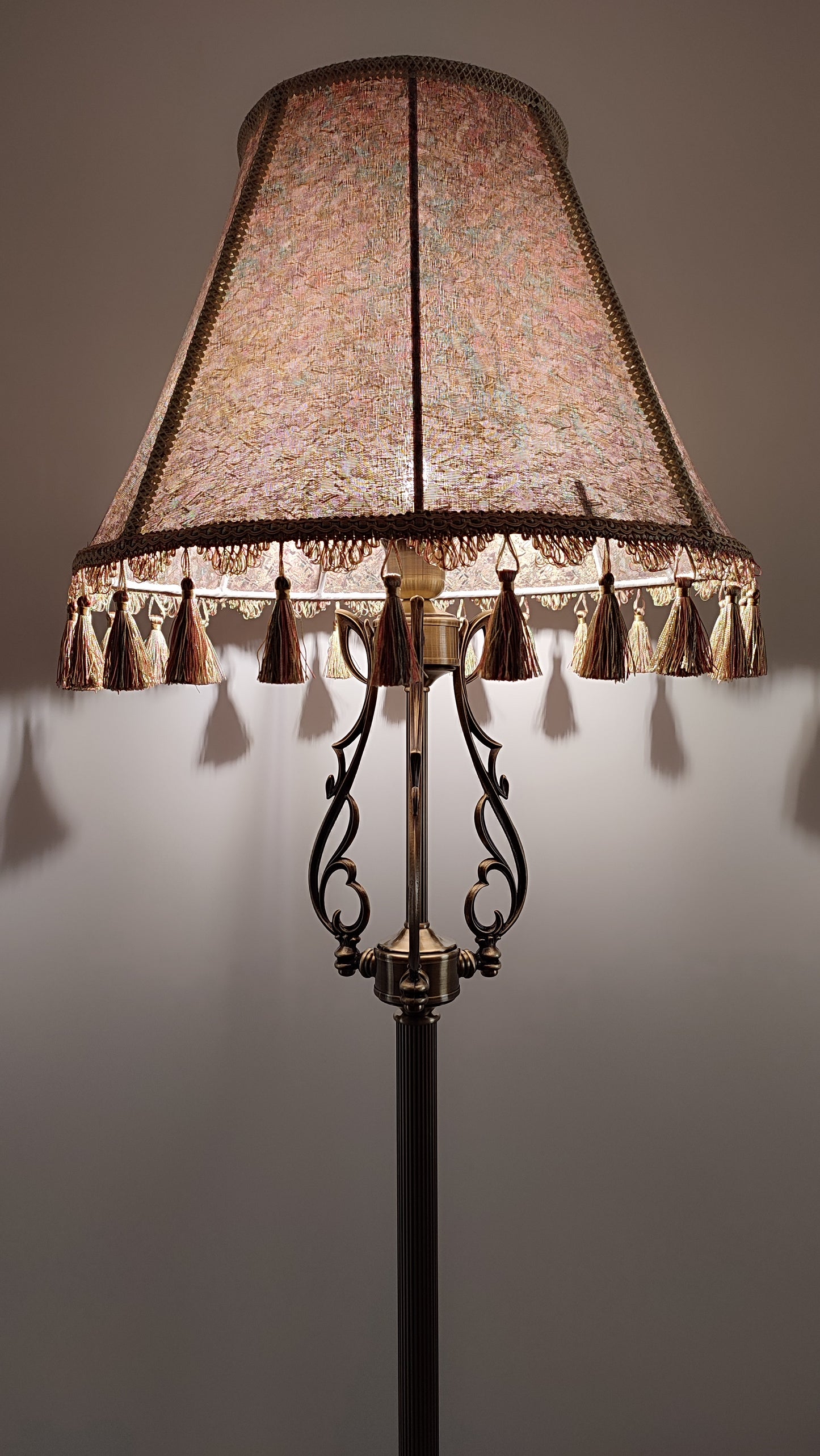 Lampshade, fabric lampshade with fringe and tassels. 7103