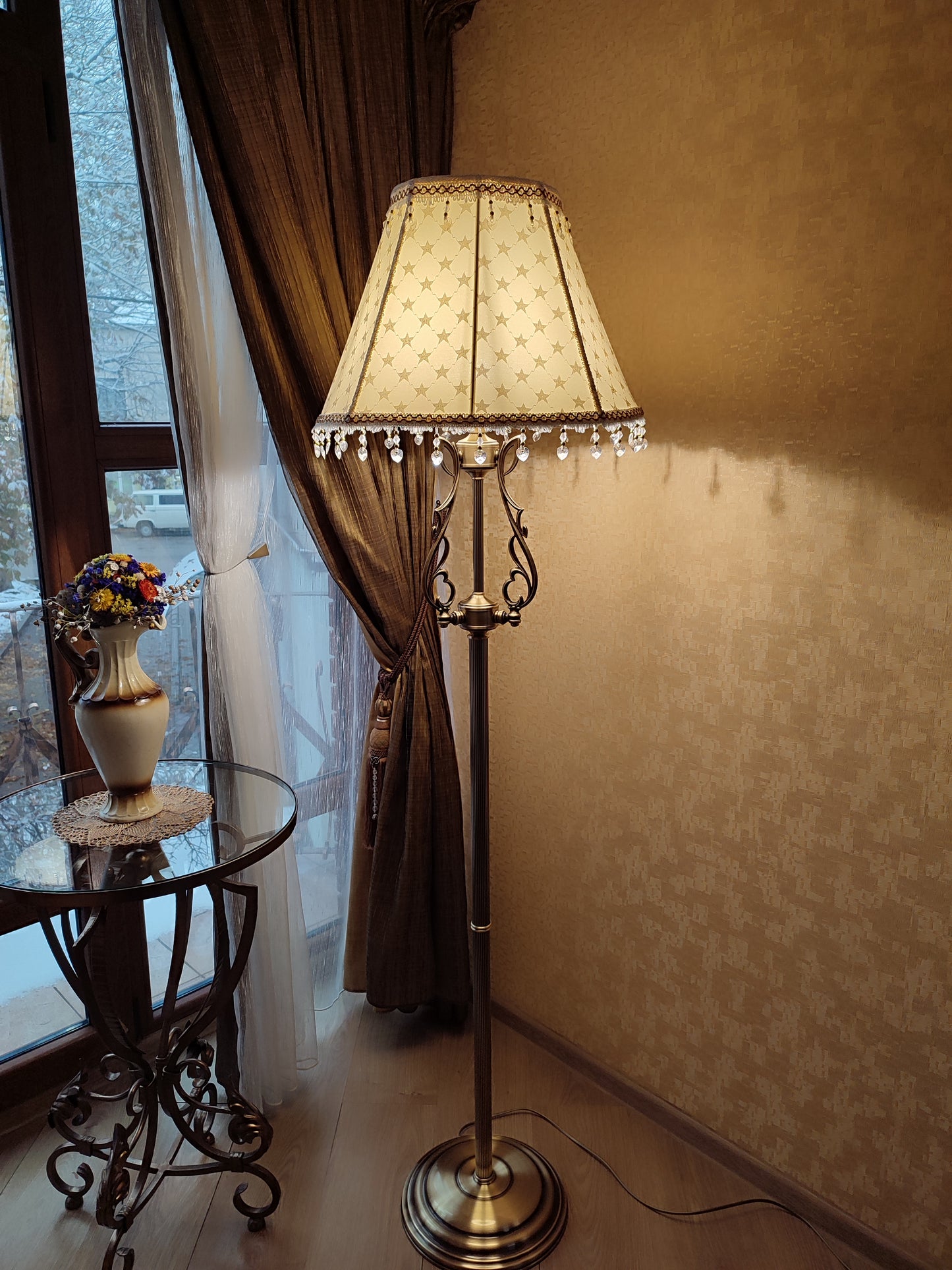 Victorian Lampshade - Gold Brocade with Printed Pattern and Fringe. 1120