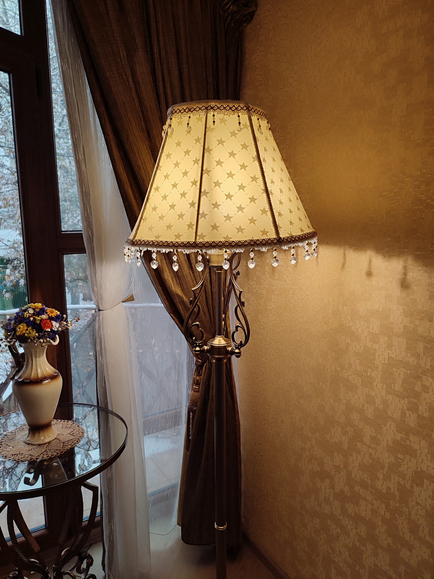 Victorian Lampshade - Gold Brocade with Printed Pattern and Fringe. 1120