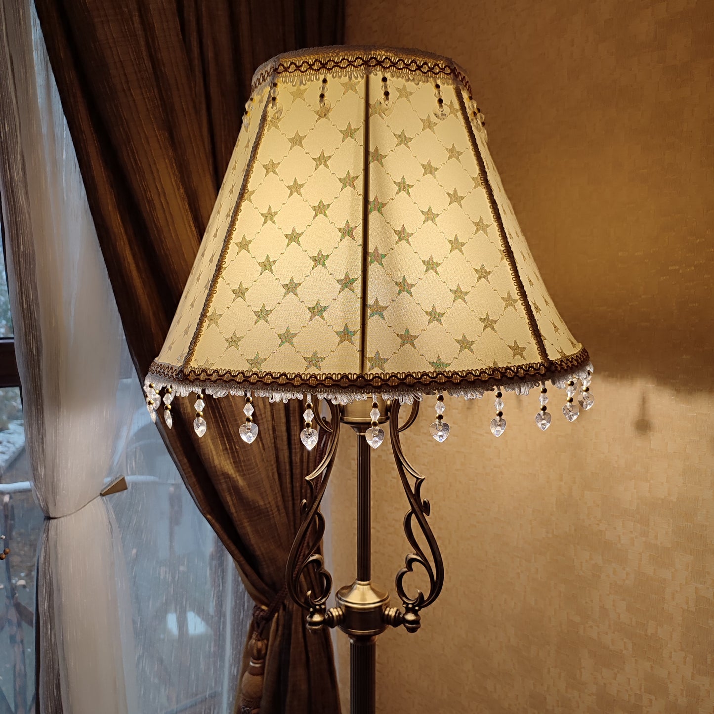 Victorian Lampshade - Gold Brocade with Printed Pattern and Fringe. 1120
