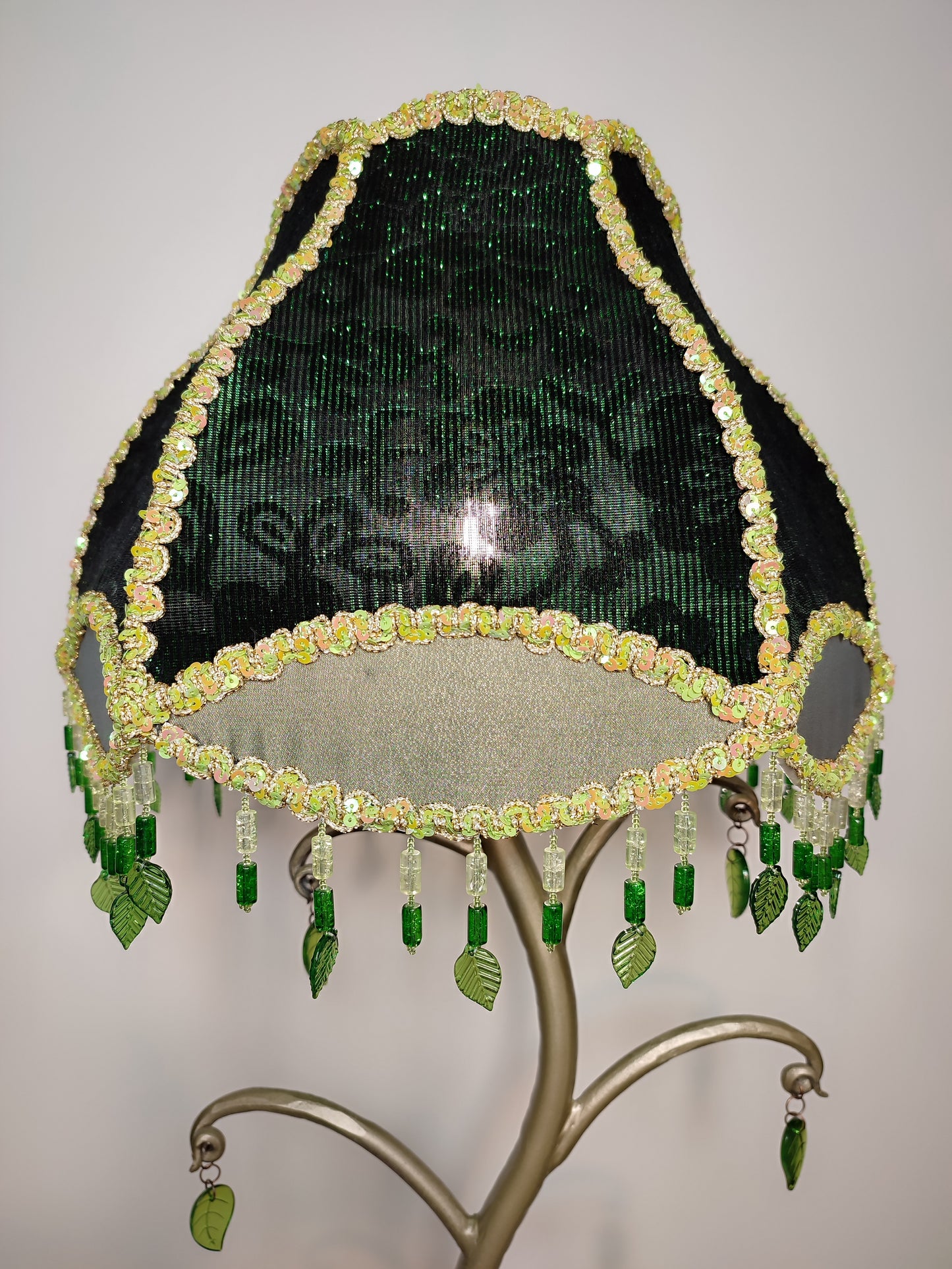 Table lamp with sequins, foliate accents and beaded fringe. Handmade green lamp. 4105