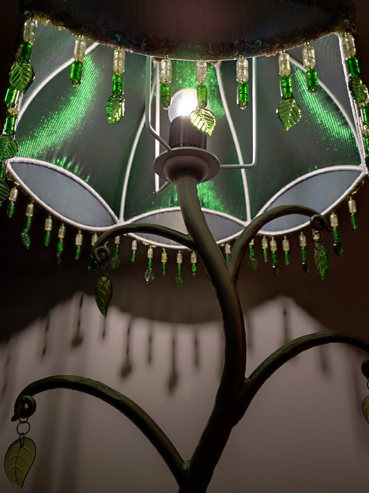 Table lamp with sequins, foliate accents and beaded fringe. Handmade green lamp. 4105