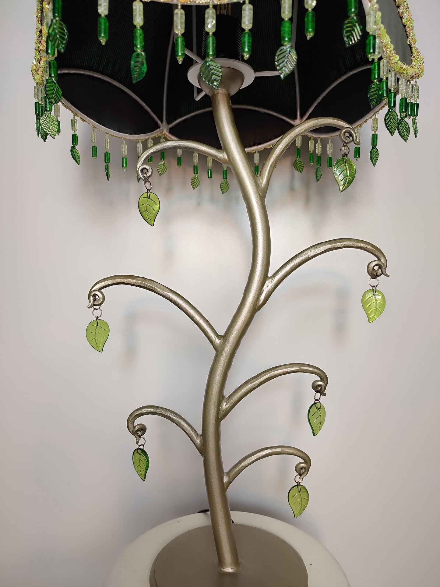 Table lamp with sequins, foliate accents and beaded fringe. Handmade green lamp. 4105