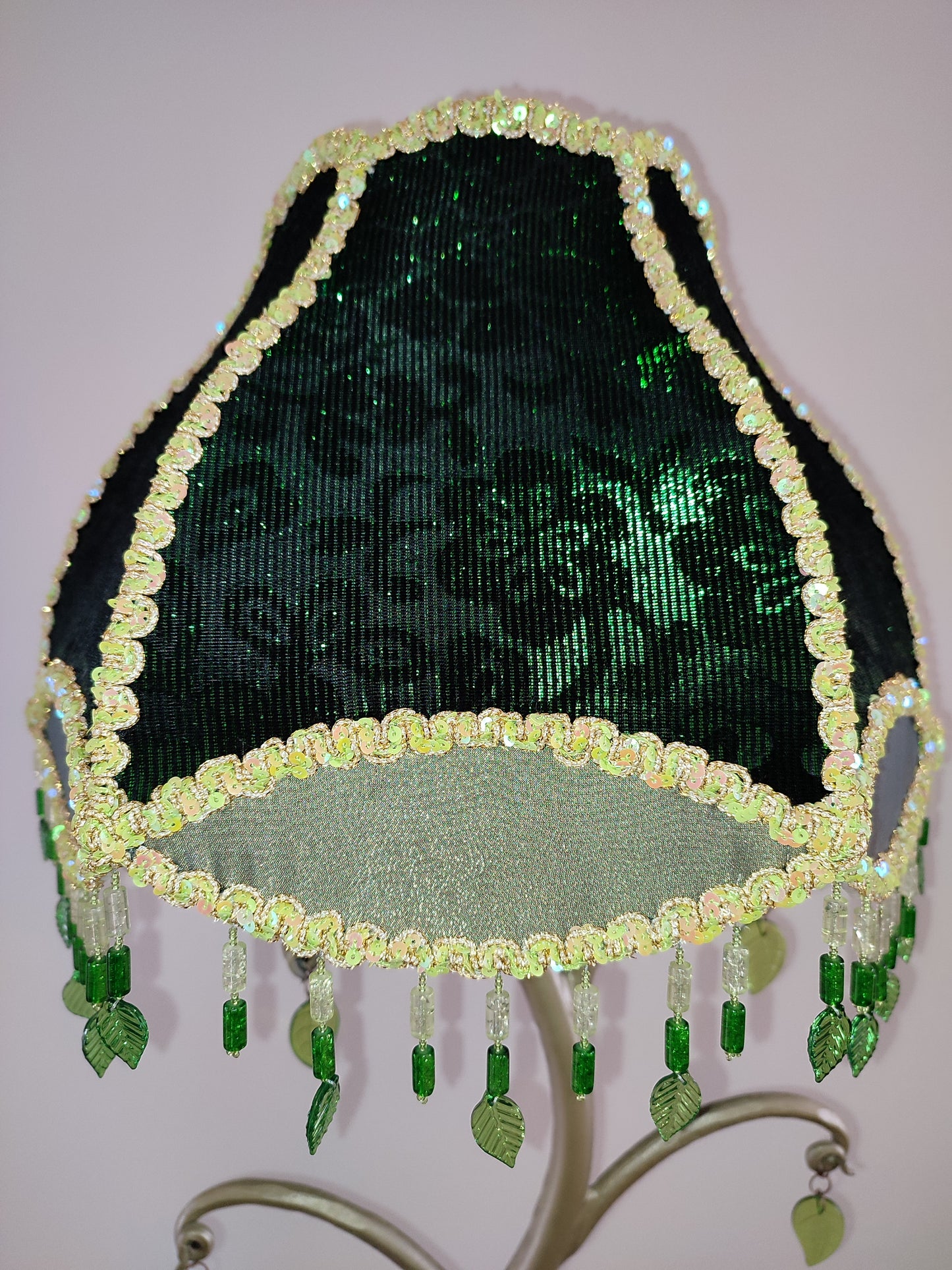 Table lamp with sequins, foliate accents and beaded fringe. Handmade green lamp. 4105
