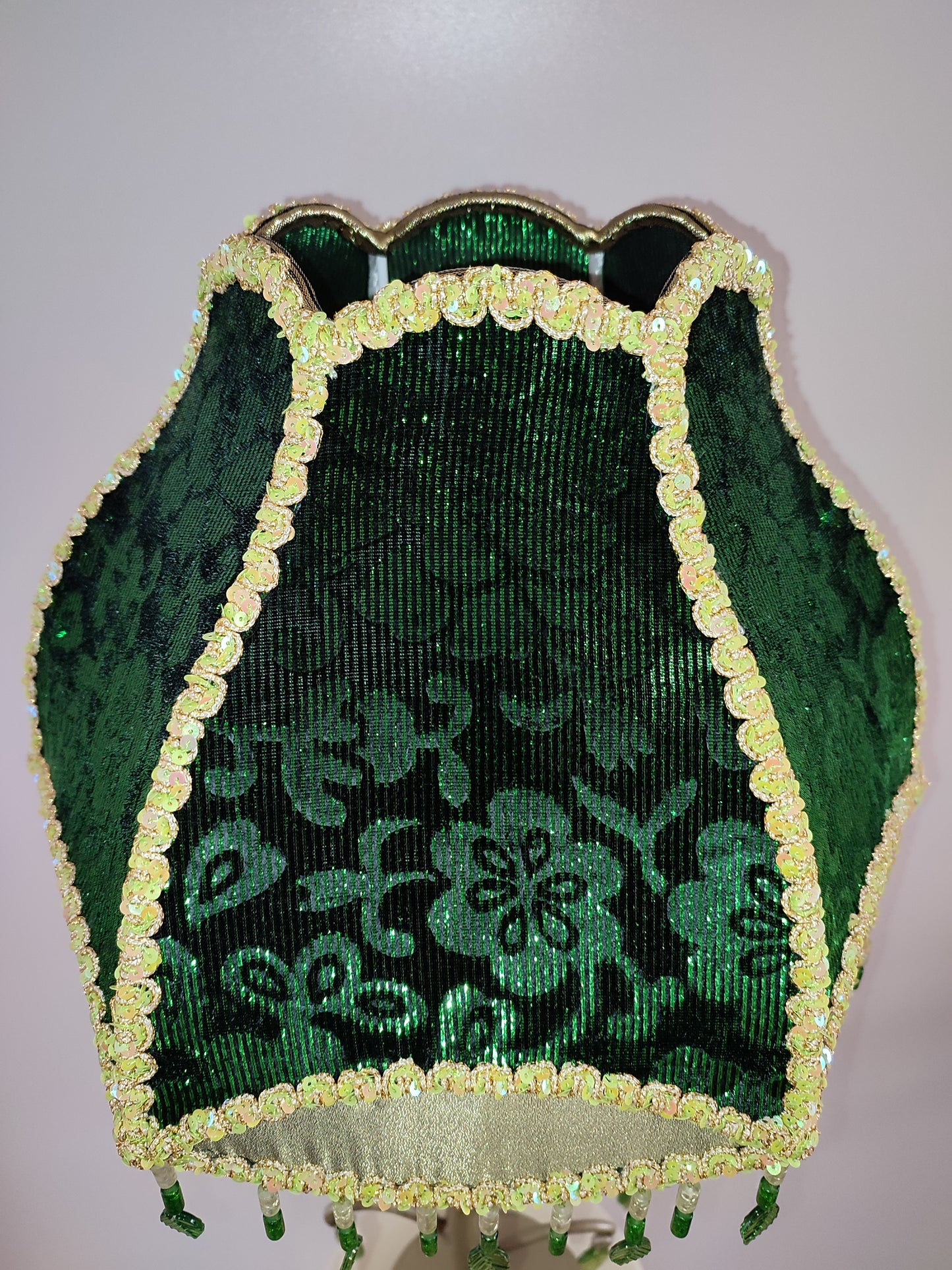 Table lamp with sequins, foliate accents and beaded fringe. Handmade green lamp. 4105