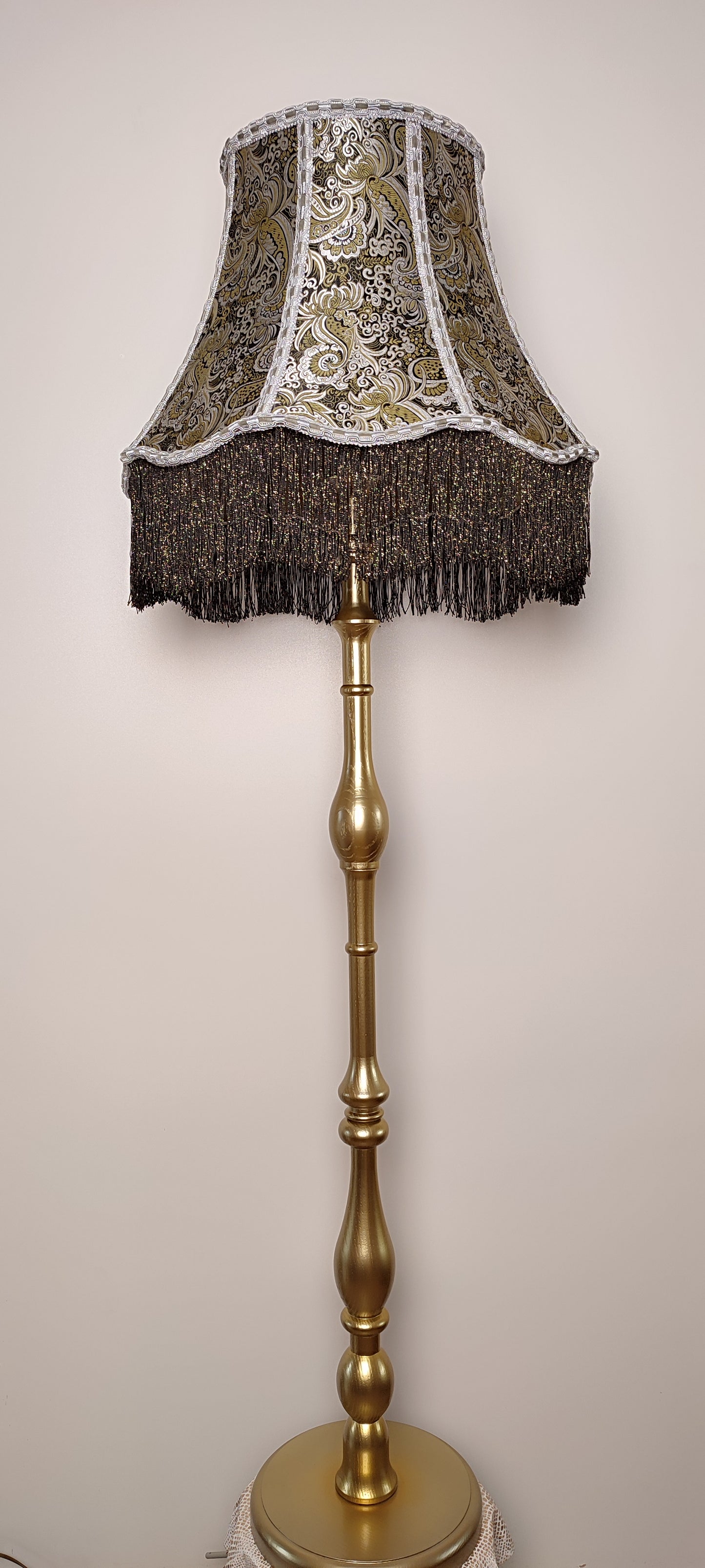 Floor lamp, fabric lampshade in golden color, wooden base, art deco lamp, handmade home lamp. 4706