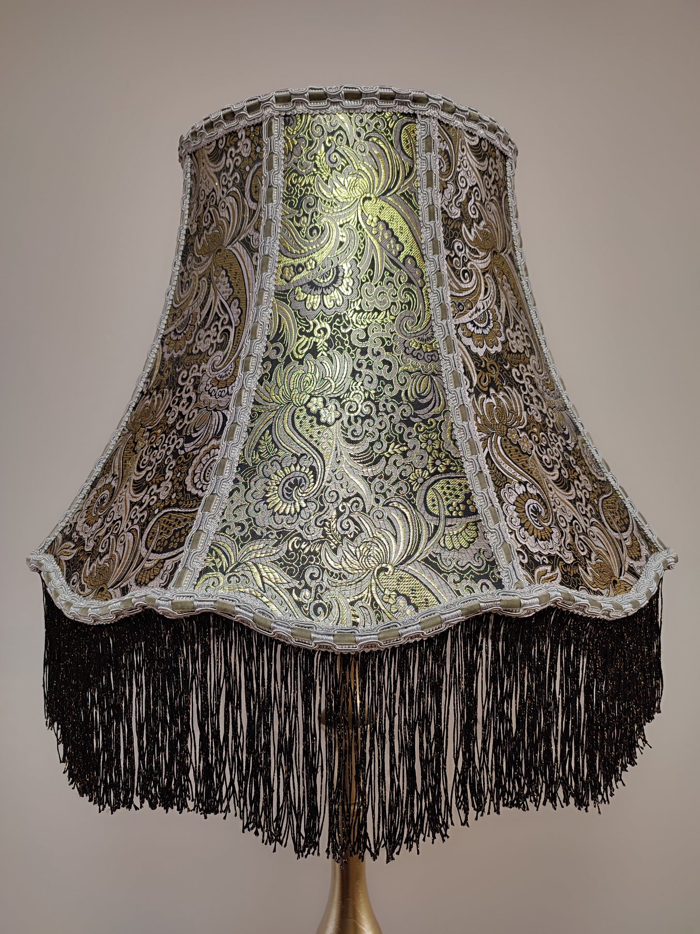 Floor lamp, fabric lampshade in golden color, wooden base, art deco lamp, handmade home lamp. 4706