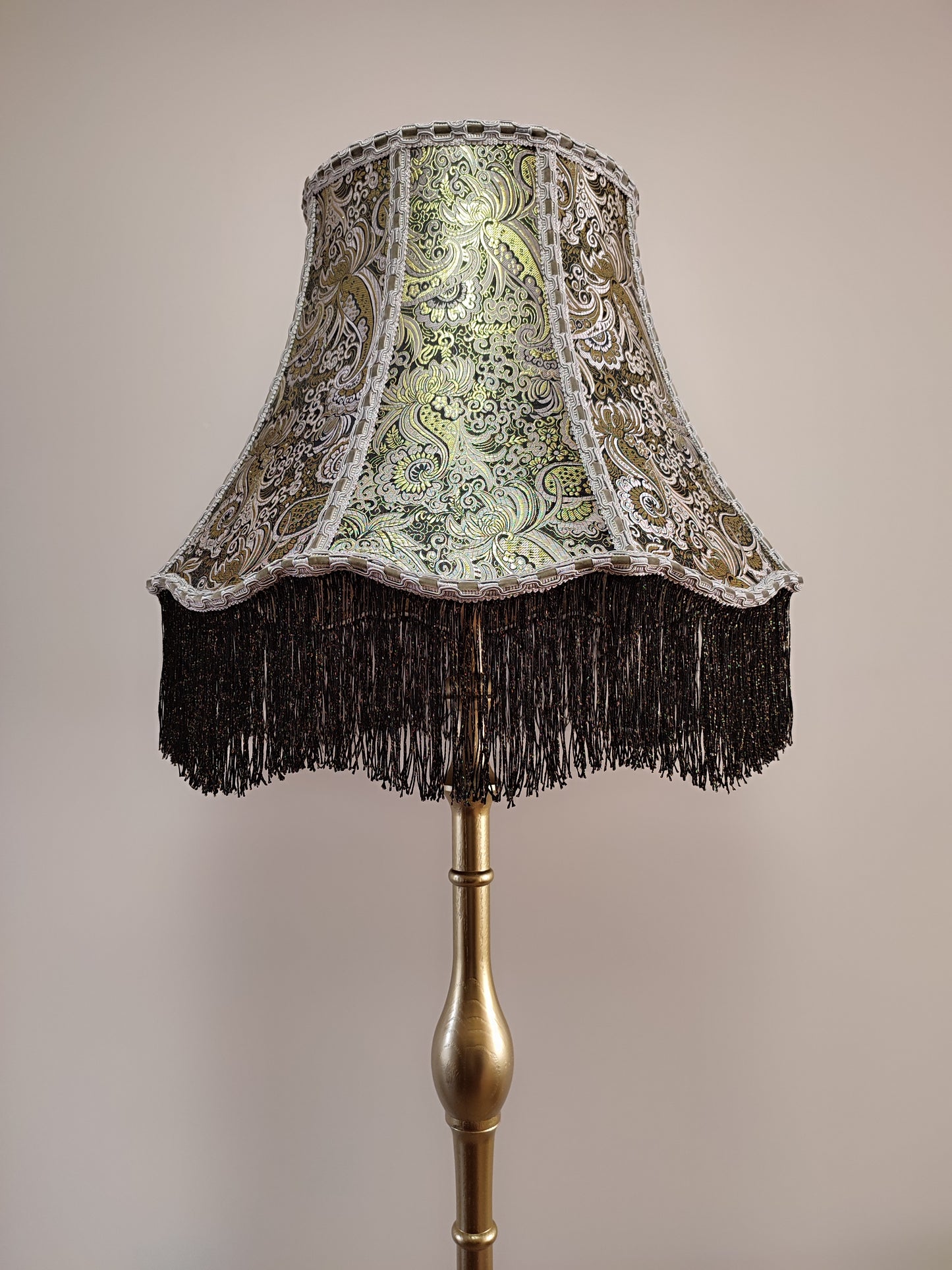 Floor lamp, fabric lampshade in golden color, wooden base, art deco lamp, handmade home lamp. 4706