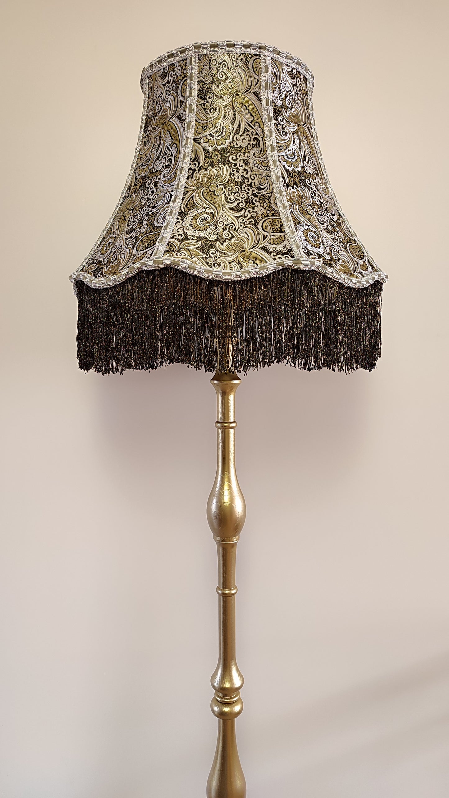Floor lamp, fabric lampshade in golden color, wooden base, art deco lamp, handmade home lamp. 4706