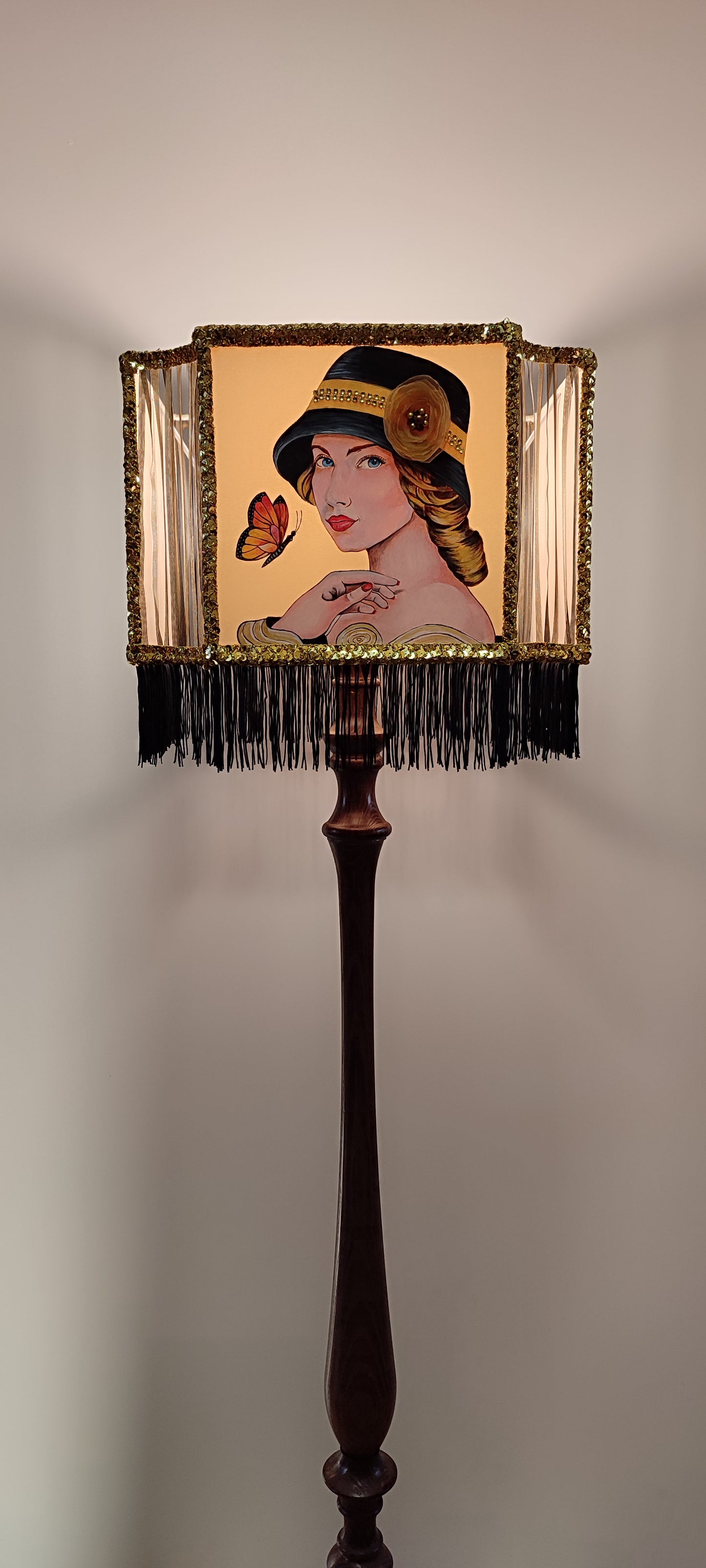 Lampshade, Art Deco style - handmade fringed lampshade, girl in a hat, artistic product. 2806