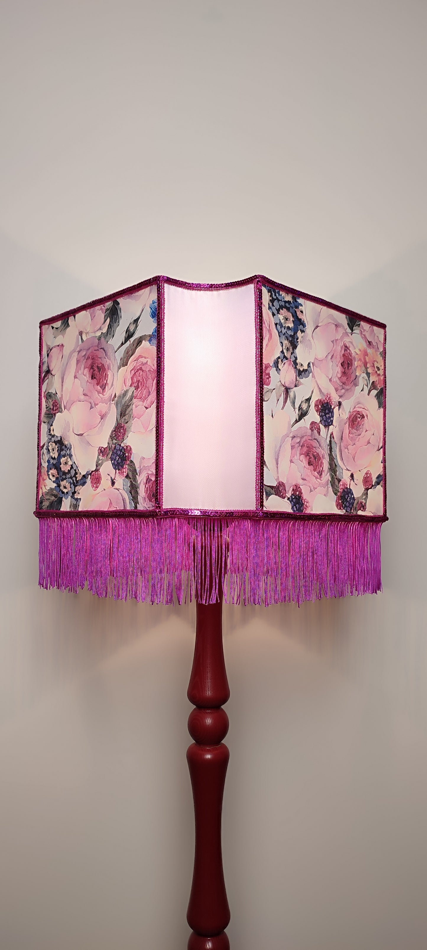 Art deco Lampshade Purple Silk, Floral Pattern, Fringe, Handmade. 2804