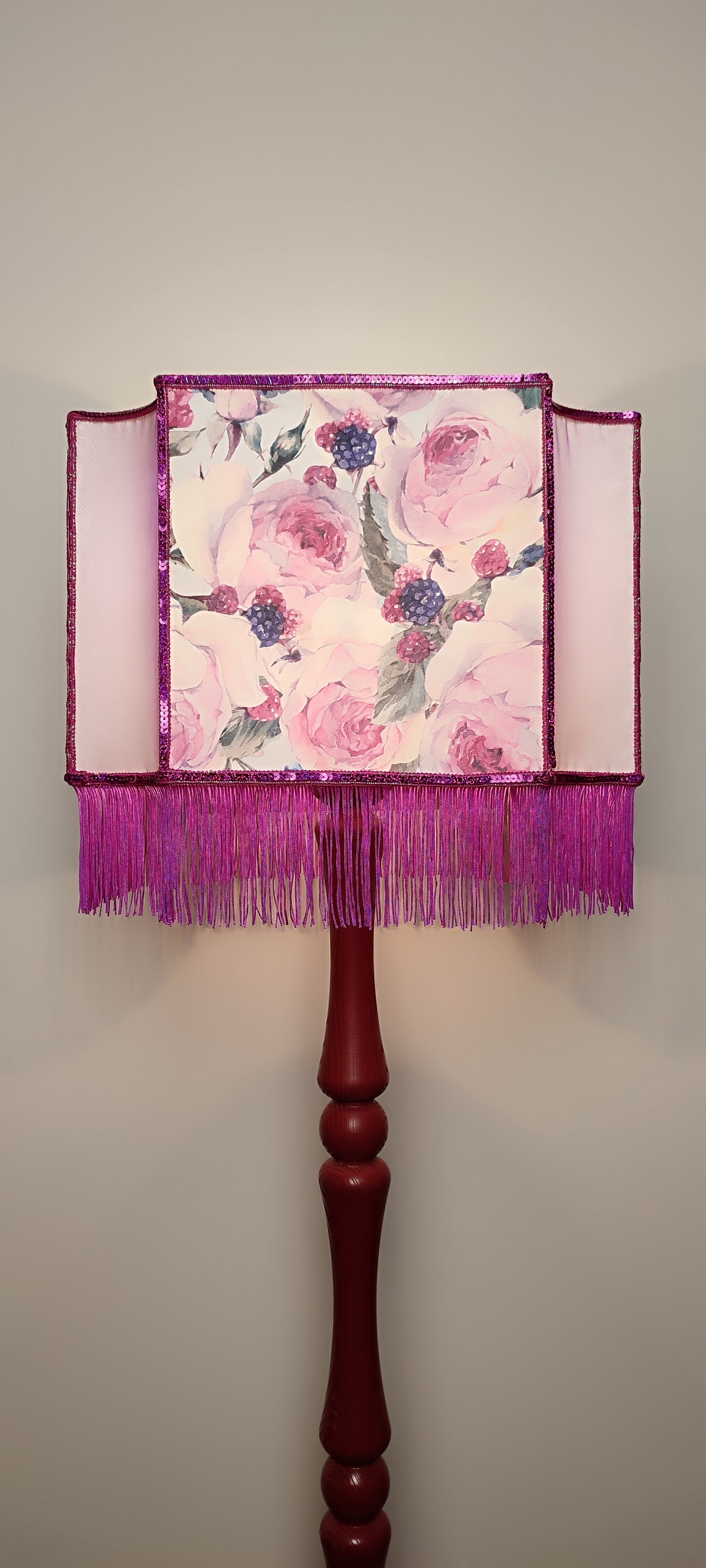 Art deco Lampshade Purple Silk, Floral Pattern, Fringe, Handmade. 2804