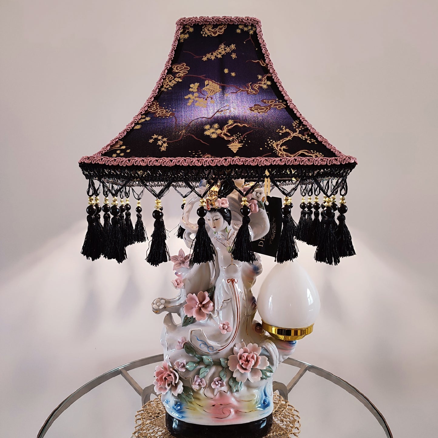 Black and lilac Japanese-style lampshade with print and fringe. PRODUCT TO ORDER. 300102