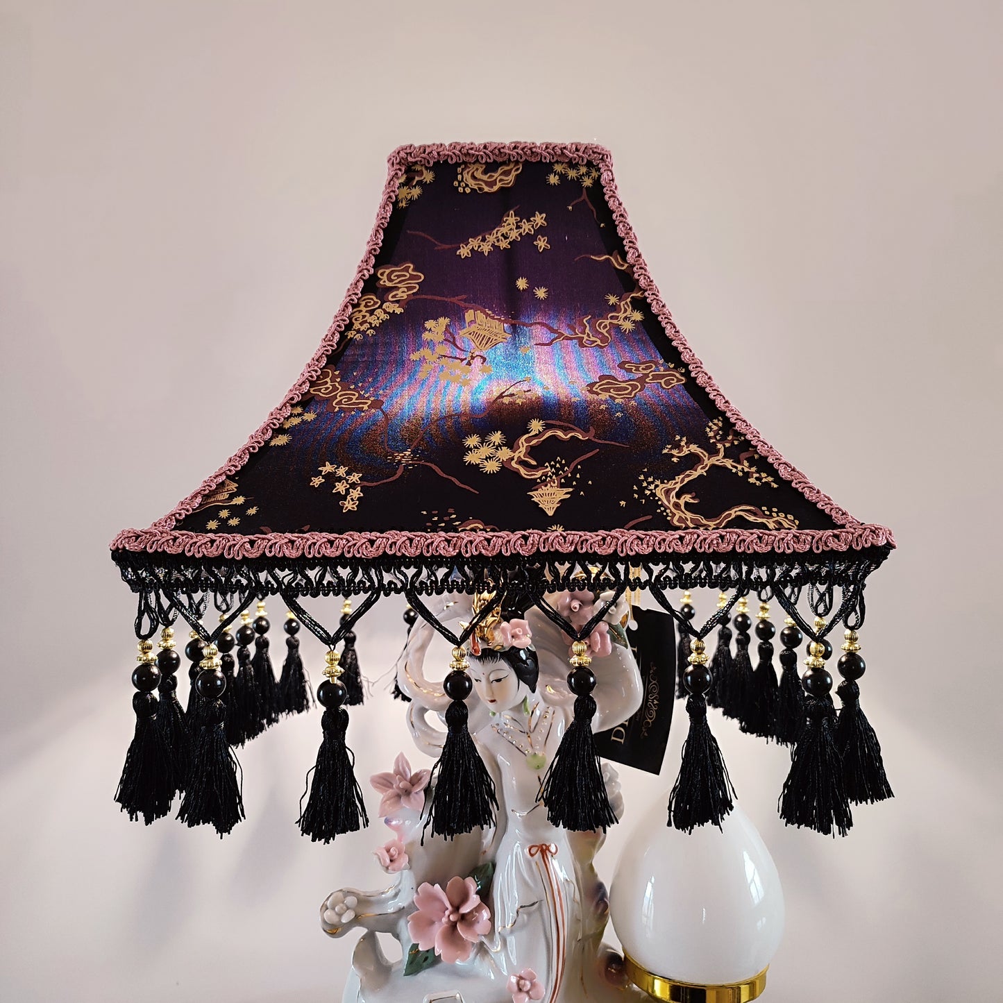 Black and lilac Japanese-style lampshade with print and fringe. PRODUCT TO ORDER. 300102