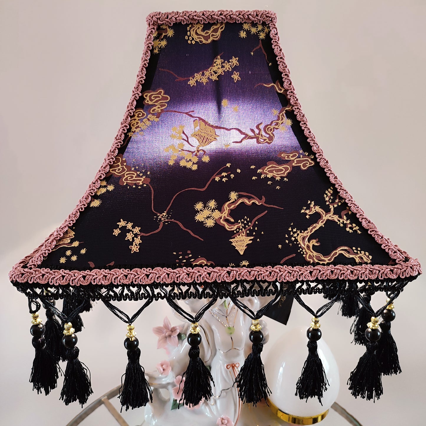 Black and lilac Japanese-style lampshade with print and fringe. PRODUCT TO ORDER. 300102