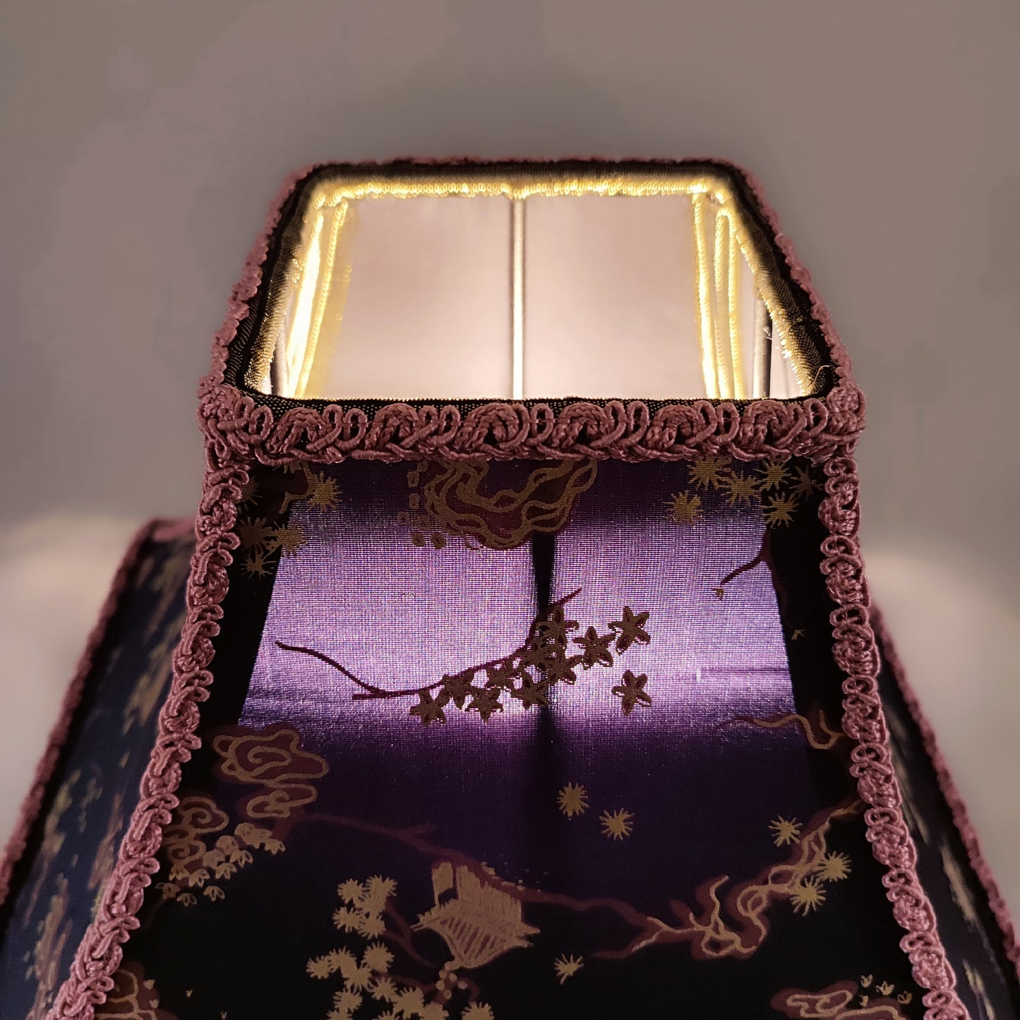 Black and lilac Japanese-style lampshade with print and fringe. PRODUCT TO ORDER. 300102