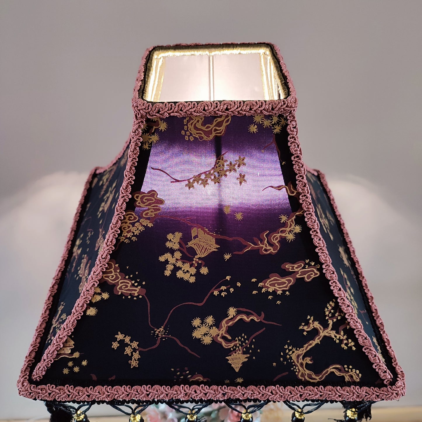 Black and lilac Japanese-style lampshade with print and fringe. PRODUCT TO ORDER. 300102
