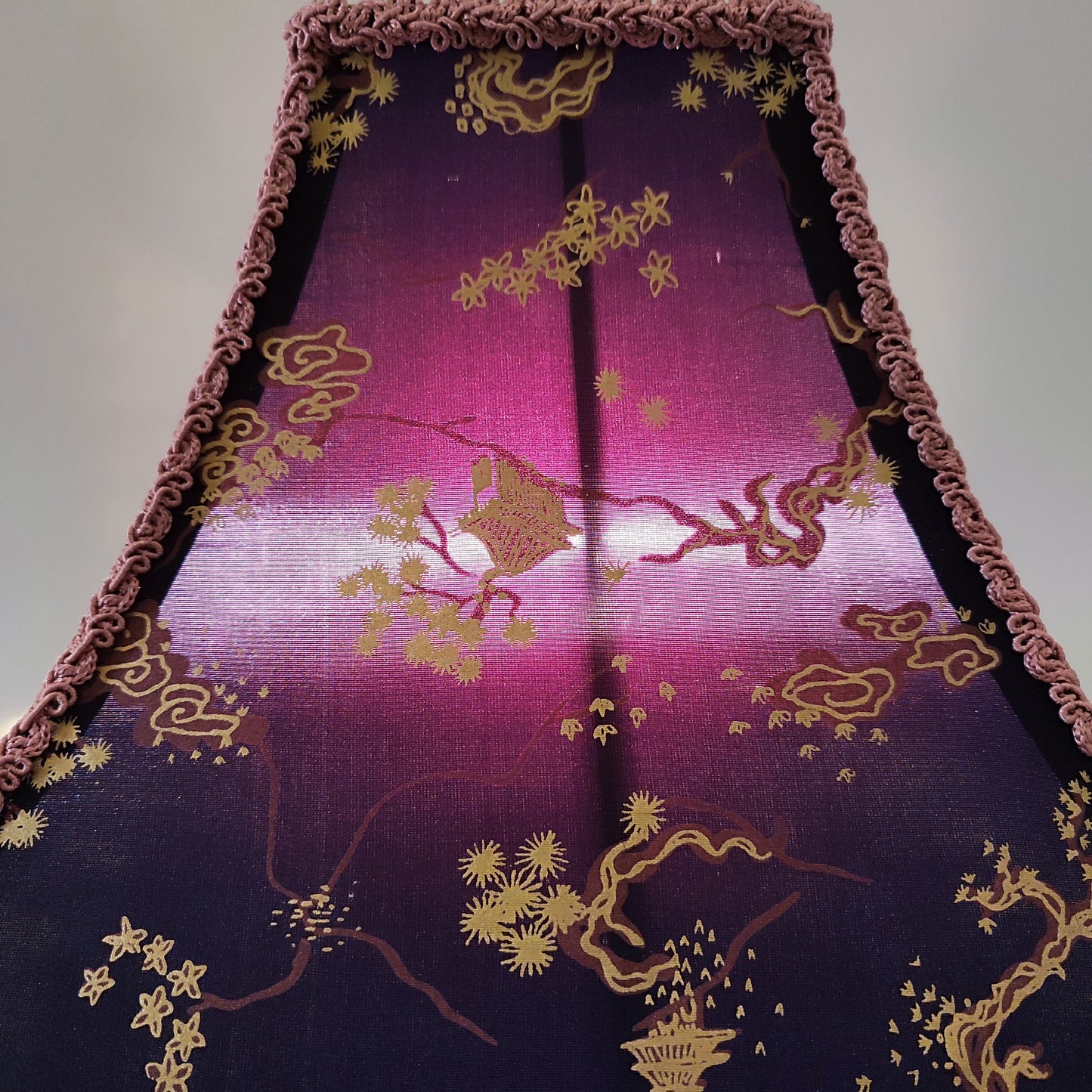 Black and lilac Japanese-style lampshade with print and fringe. PRODUCT TO ORDER. 300102
