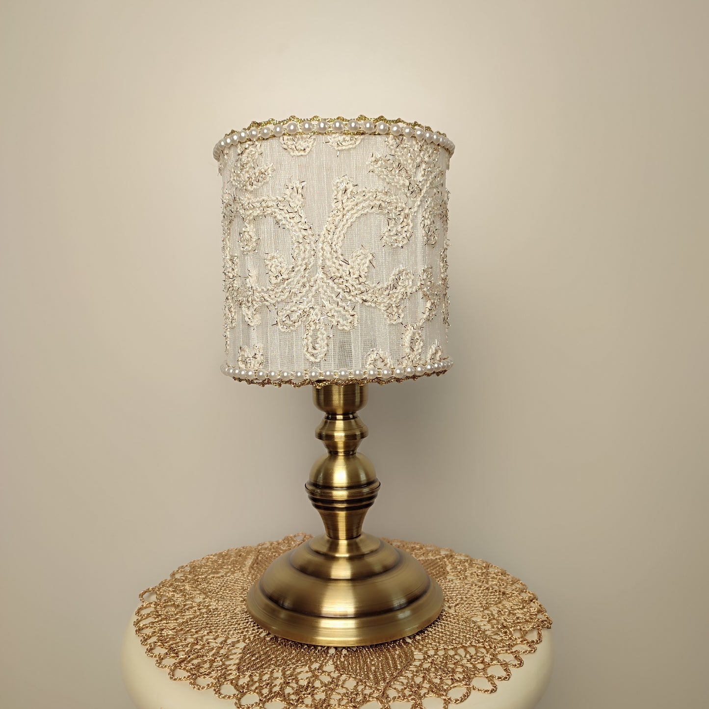 Table lamp, white lamp with embroidery and beads. Bedside table lamp