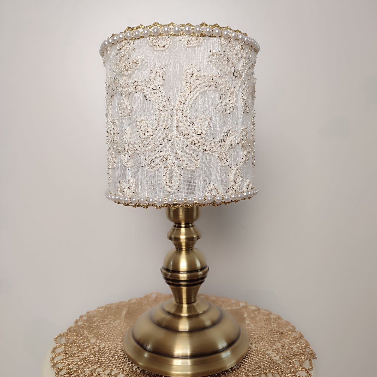 Table lamp, white lamp with embroidery and beads. Bedside table lamp