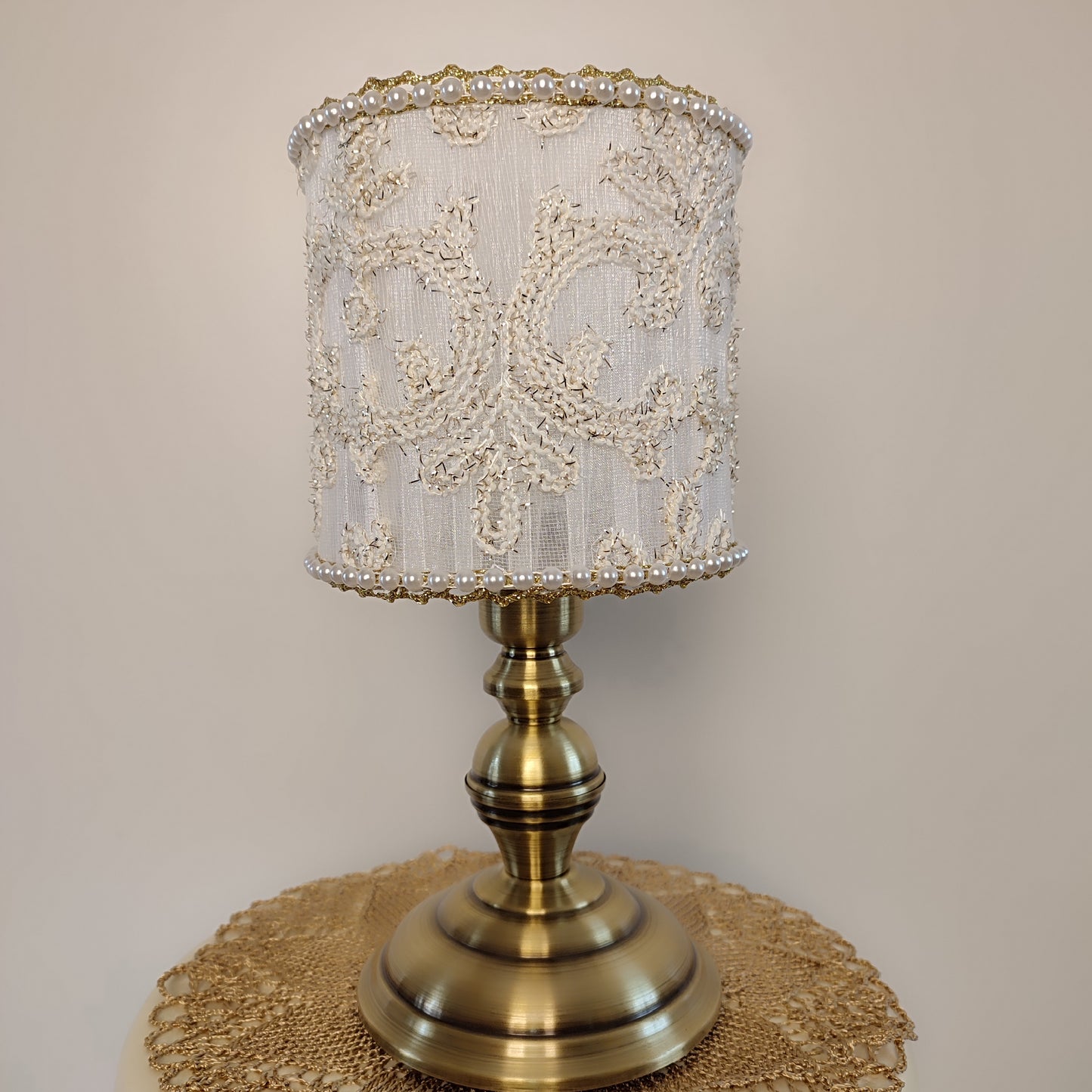 Table lamp, white lamp with embroidery and beads. Bedside table lamp