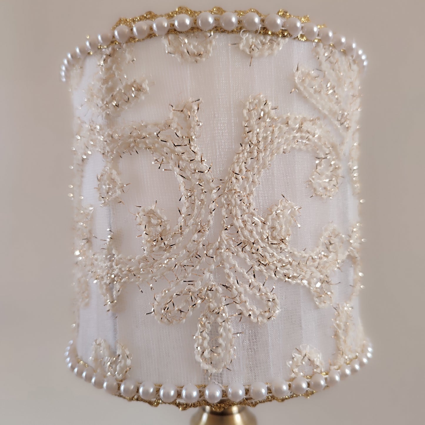 Table lamp, white lamp with embroidery and beads. Bedside table lamp