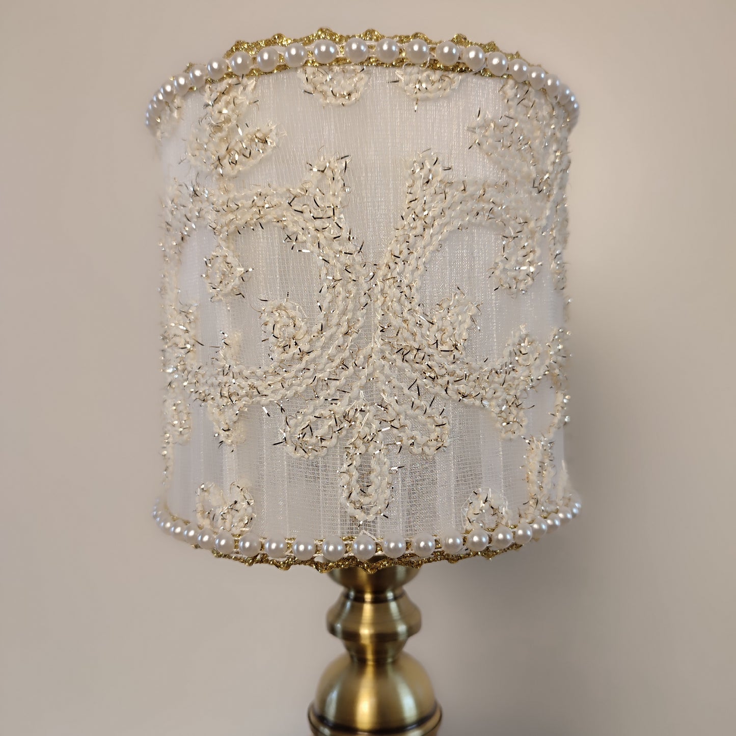 Table lamp, white lamp with embroidery and beads. Bedside table lamp