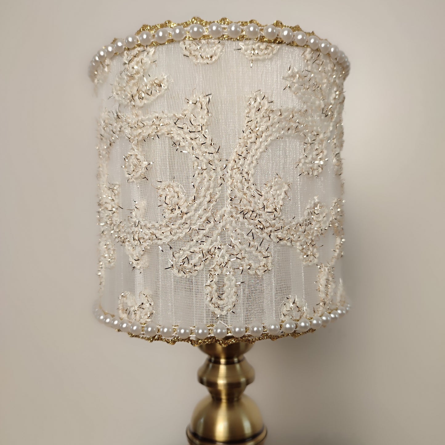 Table lamp, white lamp with embroidery and beads. Bedside table lamp