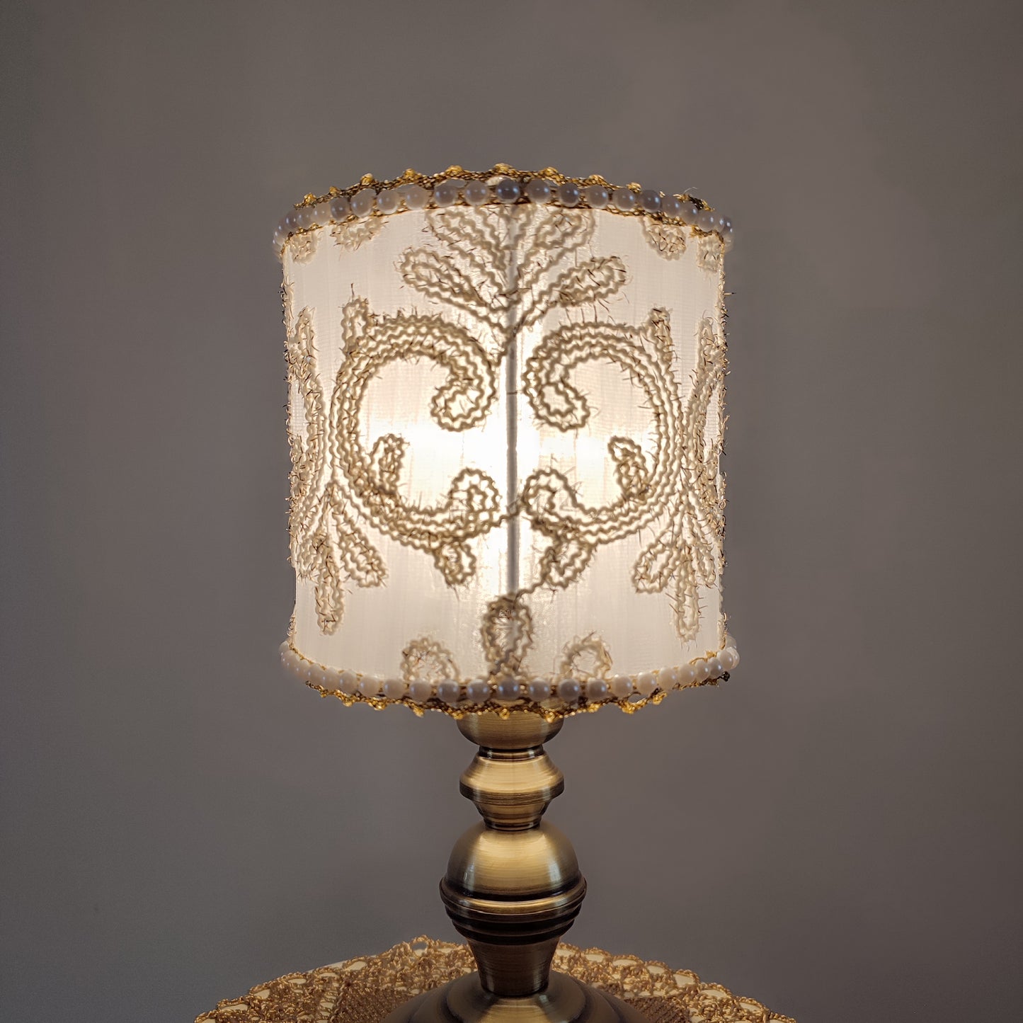Table lamp, white lamp with embroidery and beads. Bedside table lamp
