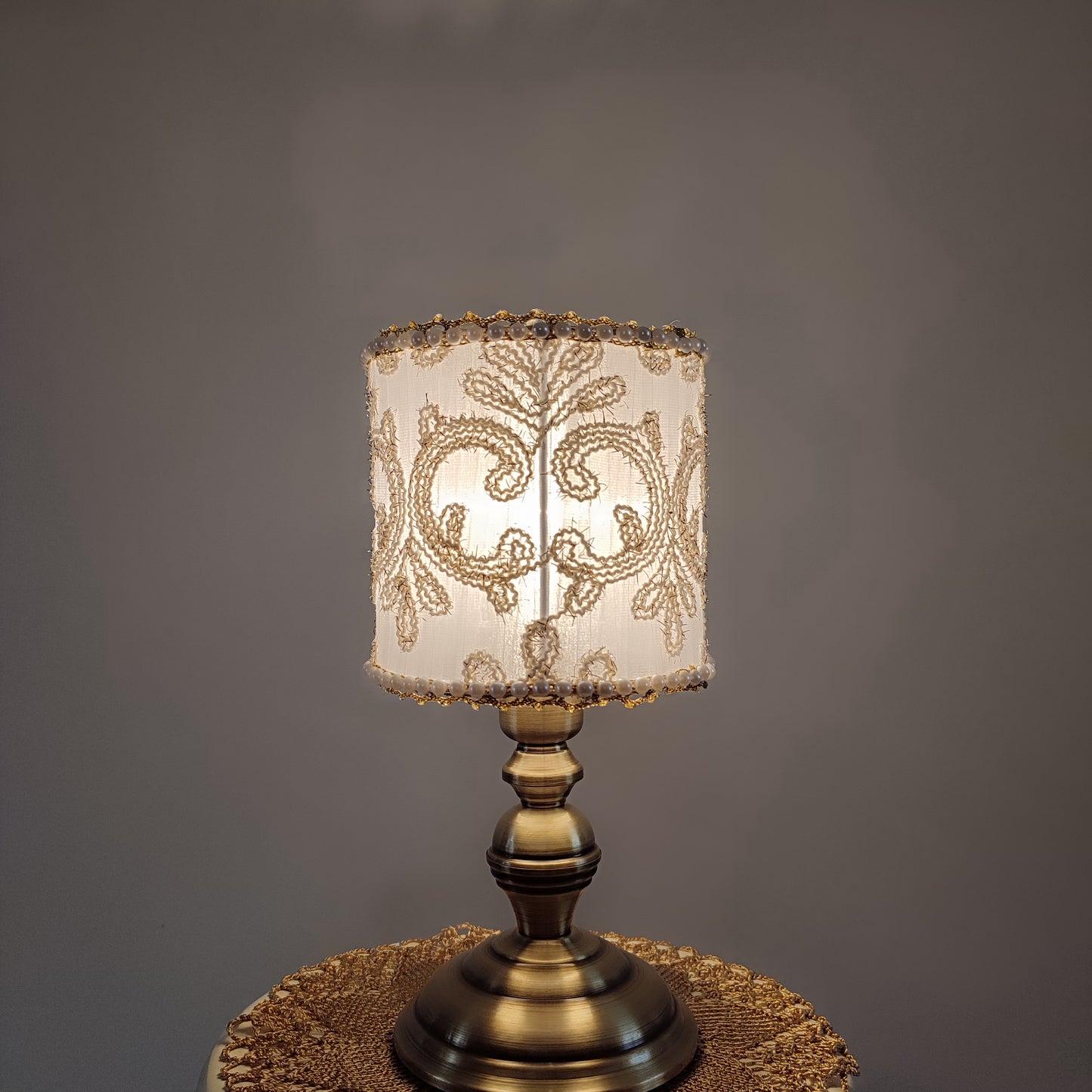 Table lamp, white lamp with embroidery and beads. Bedside table lamp