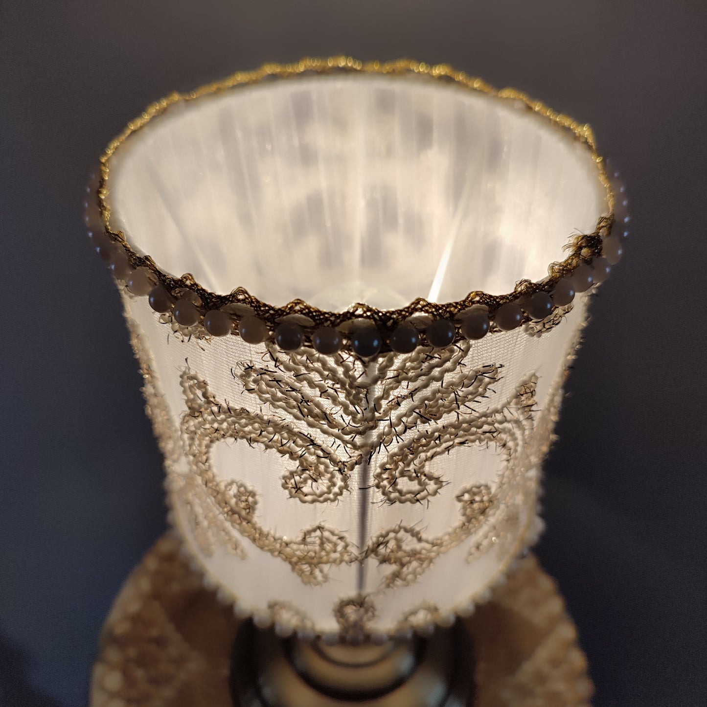 Table lamp, white lamp with embroidery and beads. Bedside table lamp