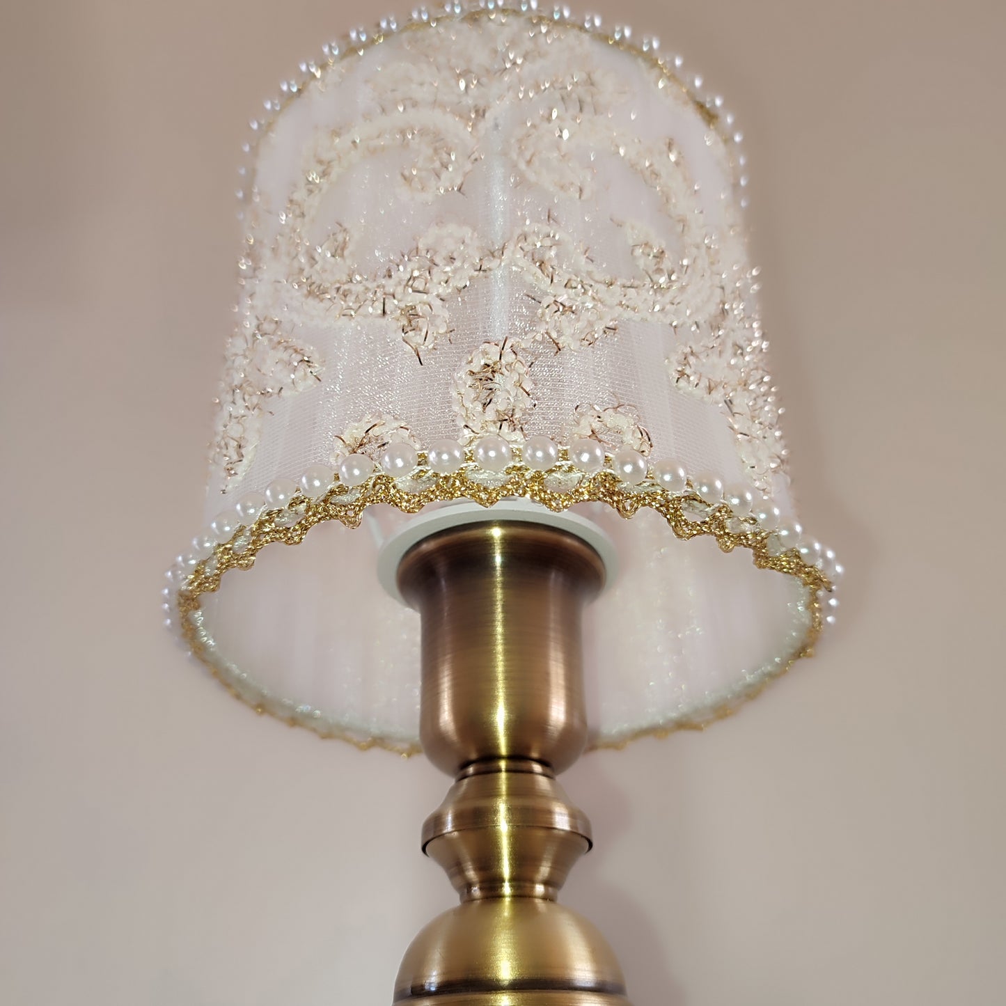 Table lamp, white lamp with embroidery and beads. Bedside table lamp