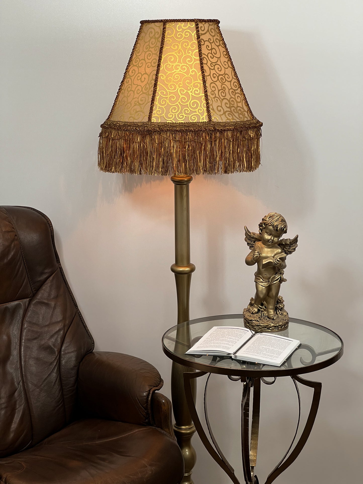 Lampshade. Victorian coffee-colored fabric lampshade with birds.
