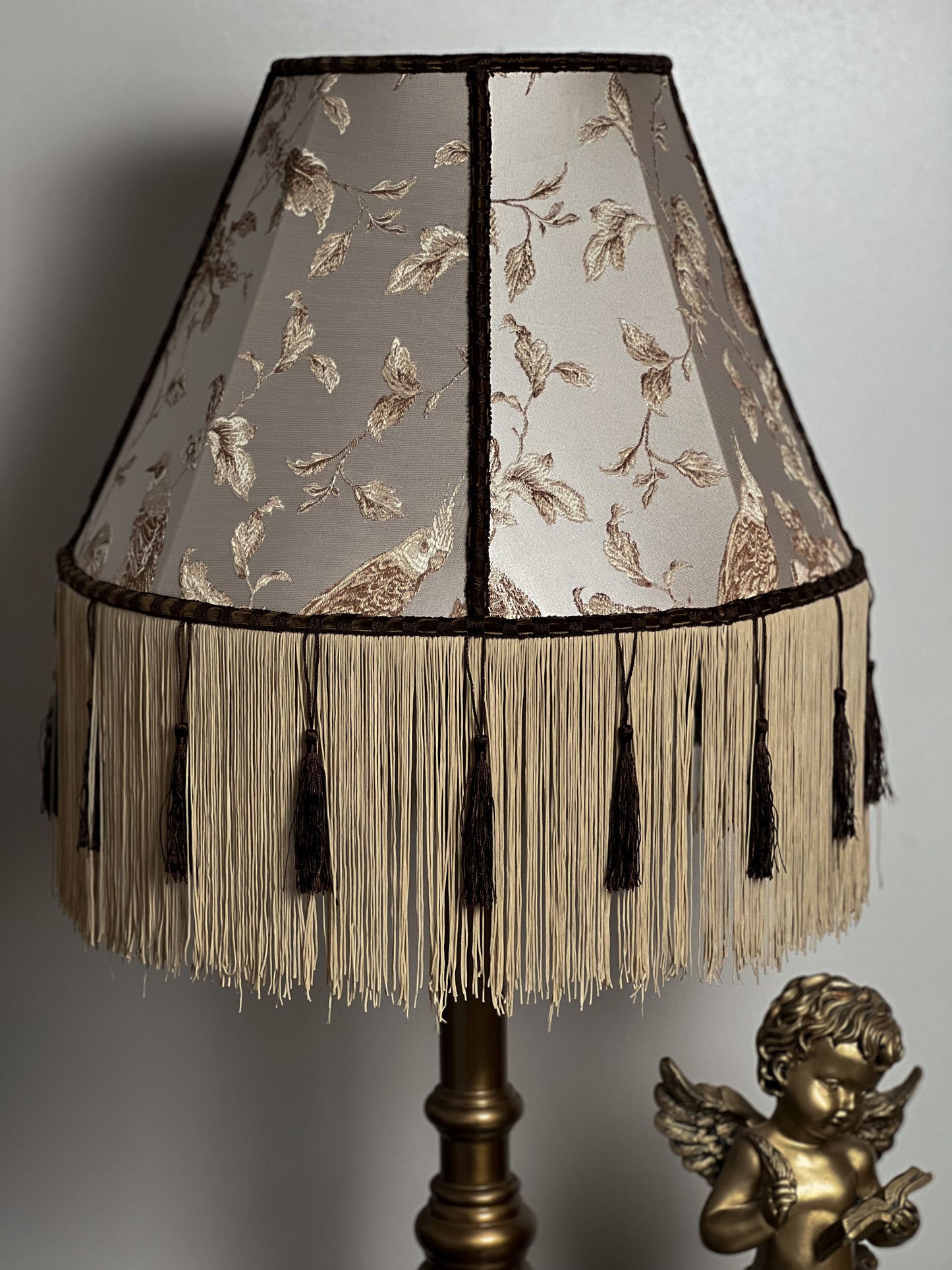 Victorian Lampshade Silvery Mother-of-Pearl Fabric with Long Thick Fringe. 1104
