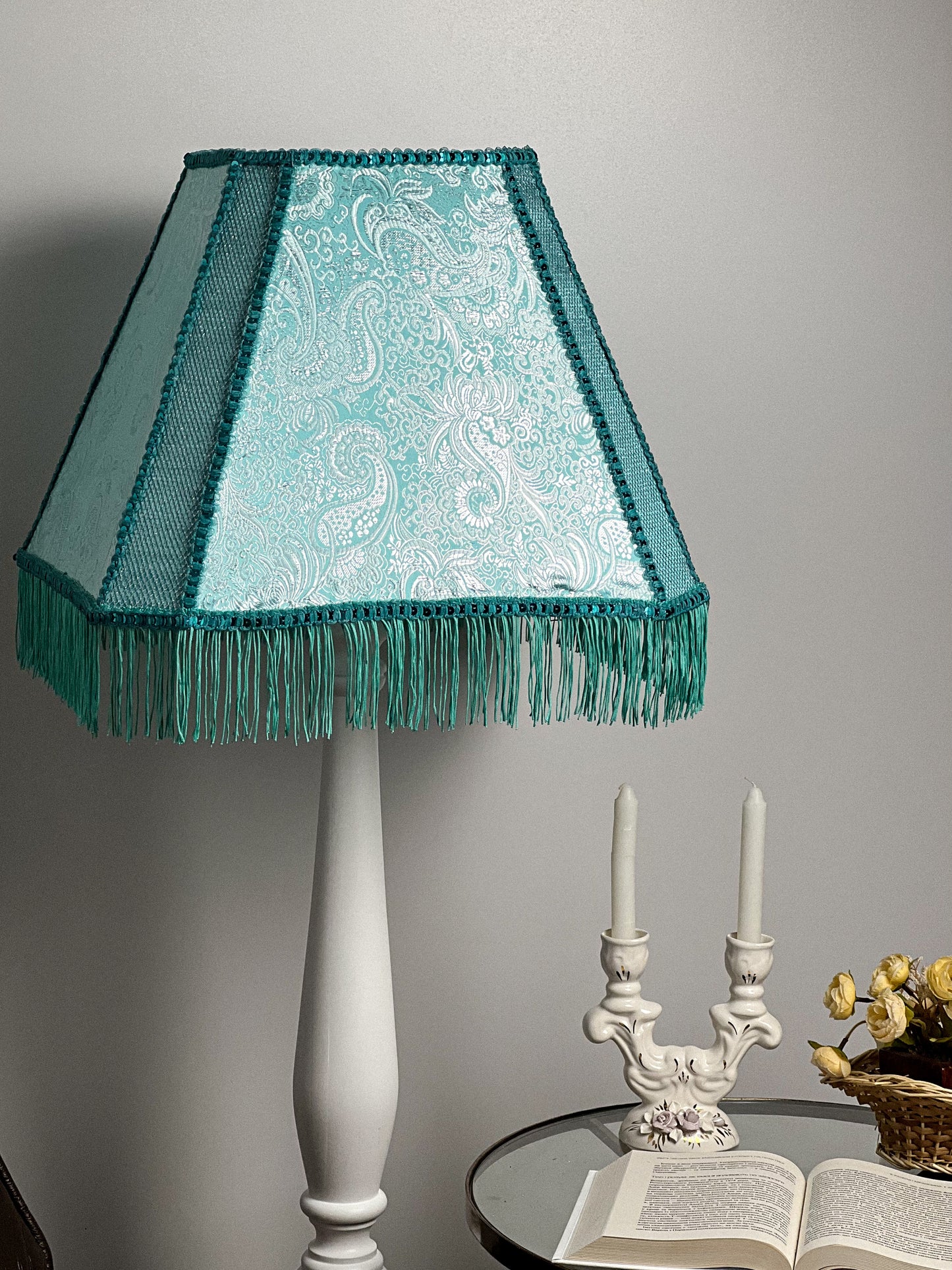 Fabric lampshade in turquoise color with sequins and fringe. Art deco styles. 3402