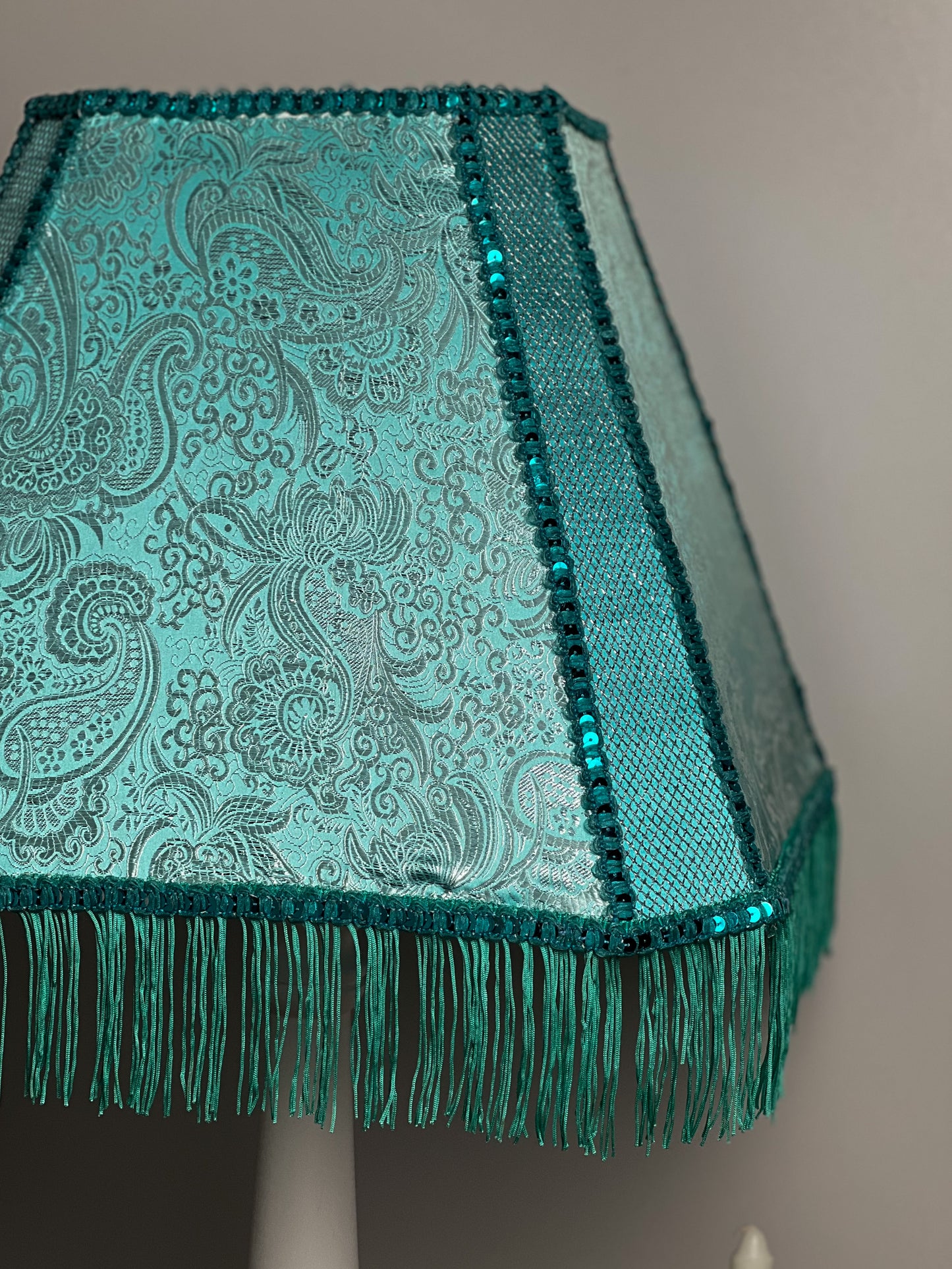 Fabric lampshade in turquoise color with sequins and fringe. Art deco styles. 3402